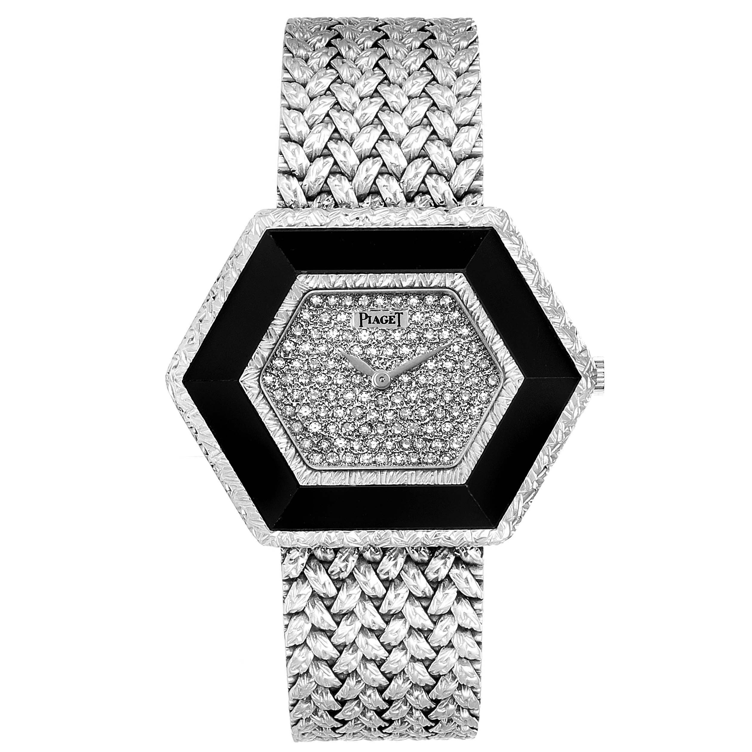 This is a front view of the Piaget 9523D2 Women's White Gold White Dial 9523D2 Women's White Gold White Dial Onyx Diamond Dial White Gold Vintage Cocktail Ladies Watch 9523, showing the dial, case, and bracelet.