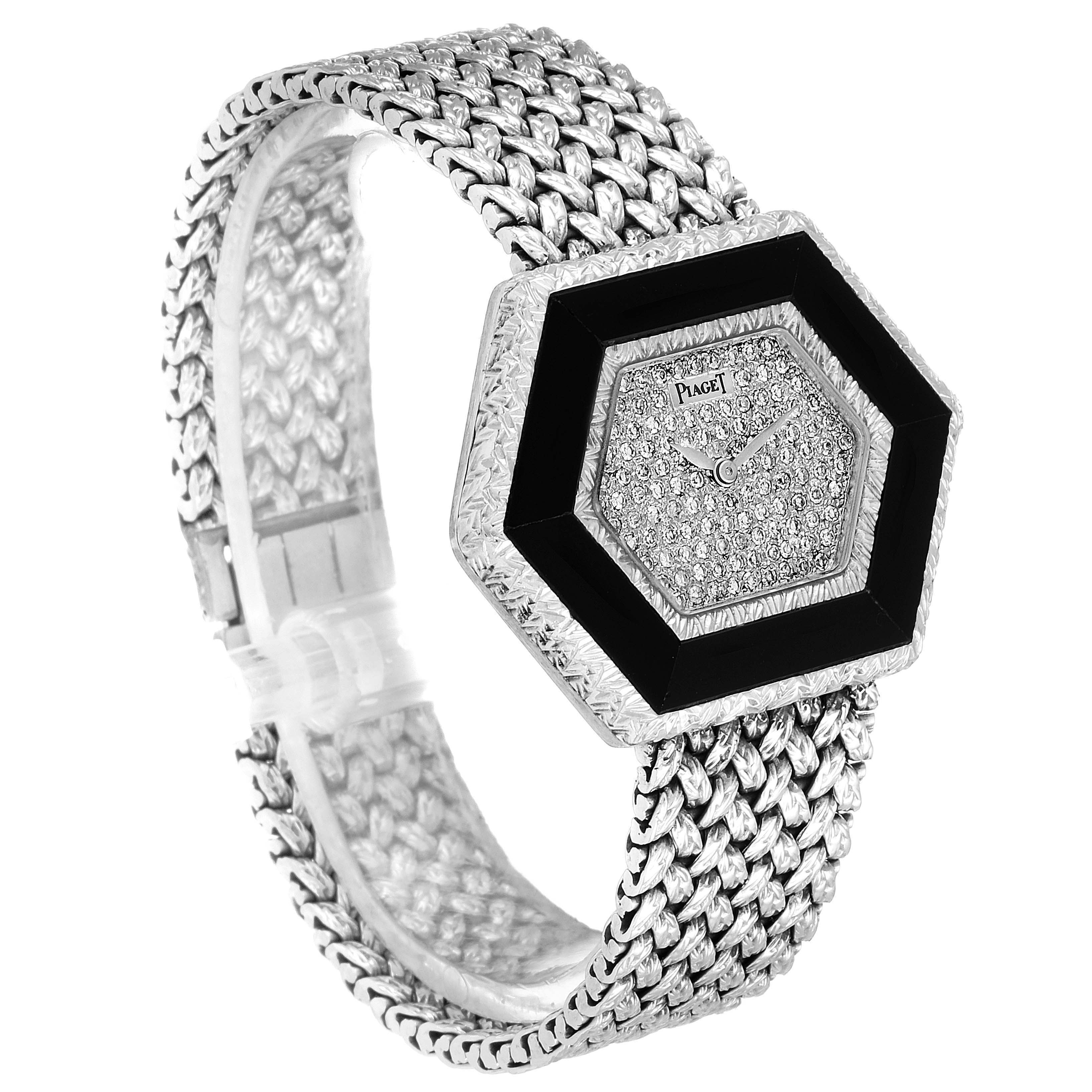 The image shows a Piaget 9523D2 Women's White Gold White Dial 9523D2 Women's White Gold White Dial 9523 Onyx Diamond Dial White Gold Vintage Cocktail Ladies Watch at a front side angle, displaying the detailed face and bracelet.