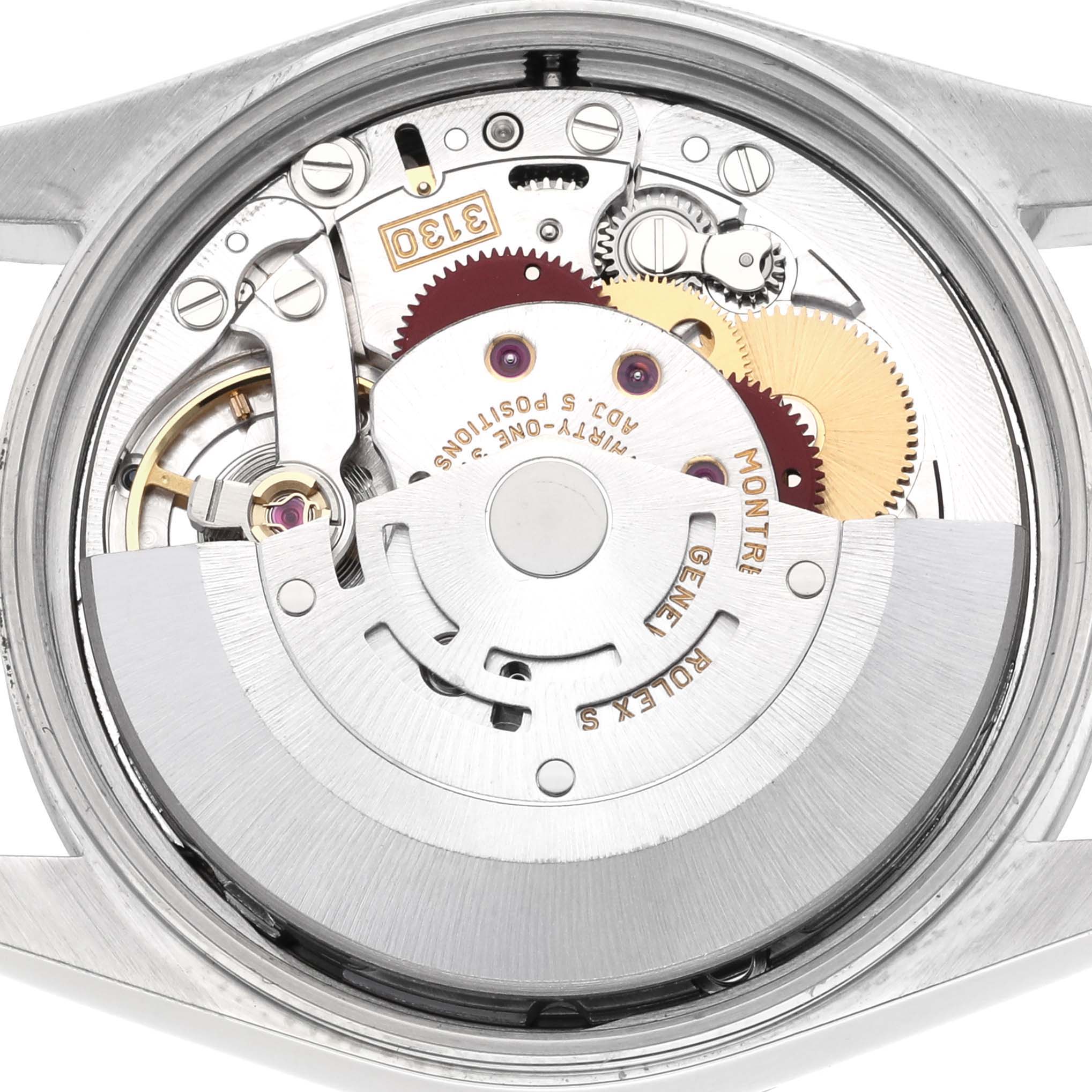 The image shows the internal movement mechanism of the Rolex Air-King 14000M Men's Stainless Steel Blue Dial 14000M Men's Stainless Steel Blue Dial watch from a top-down angle.