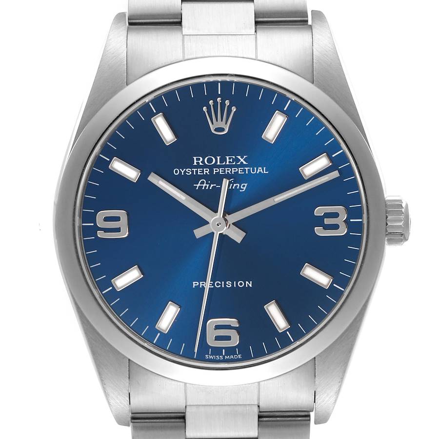 The Rolex Air-King watch is shown from a front angle, highlighting the dial, bezel, and bracelet.