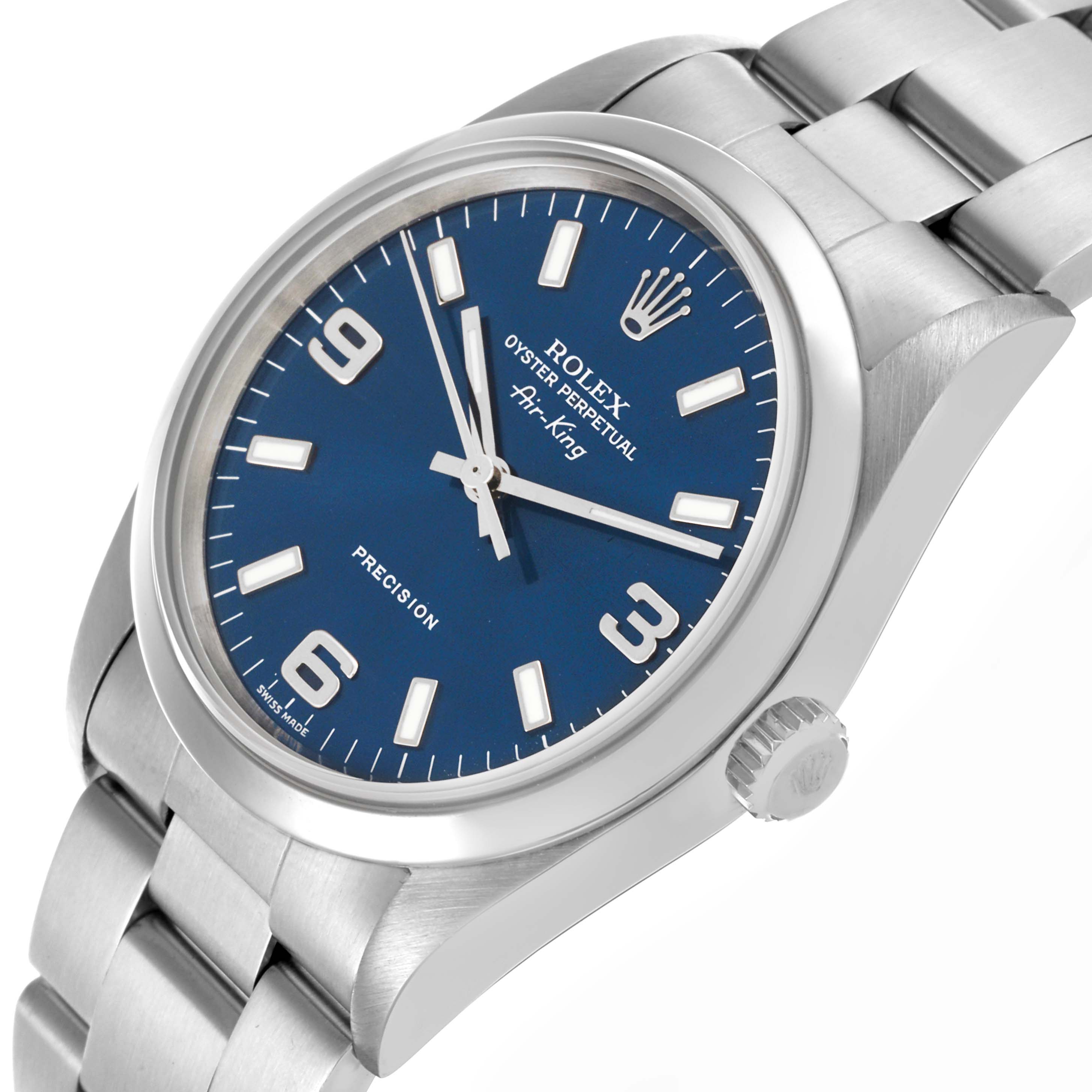 The Rolex Air-King 14000M Men's Stainless Steel Blue Dial 14000M Men's Stainless Steel Blue Dial watch is shown from a slight side angle, highlighting the blue dial, bezel, crown, and stainless steel bracelet.