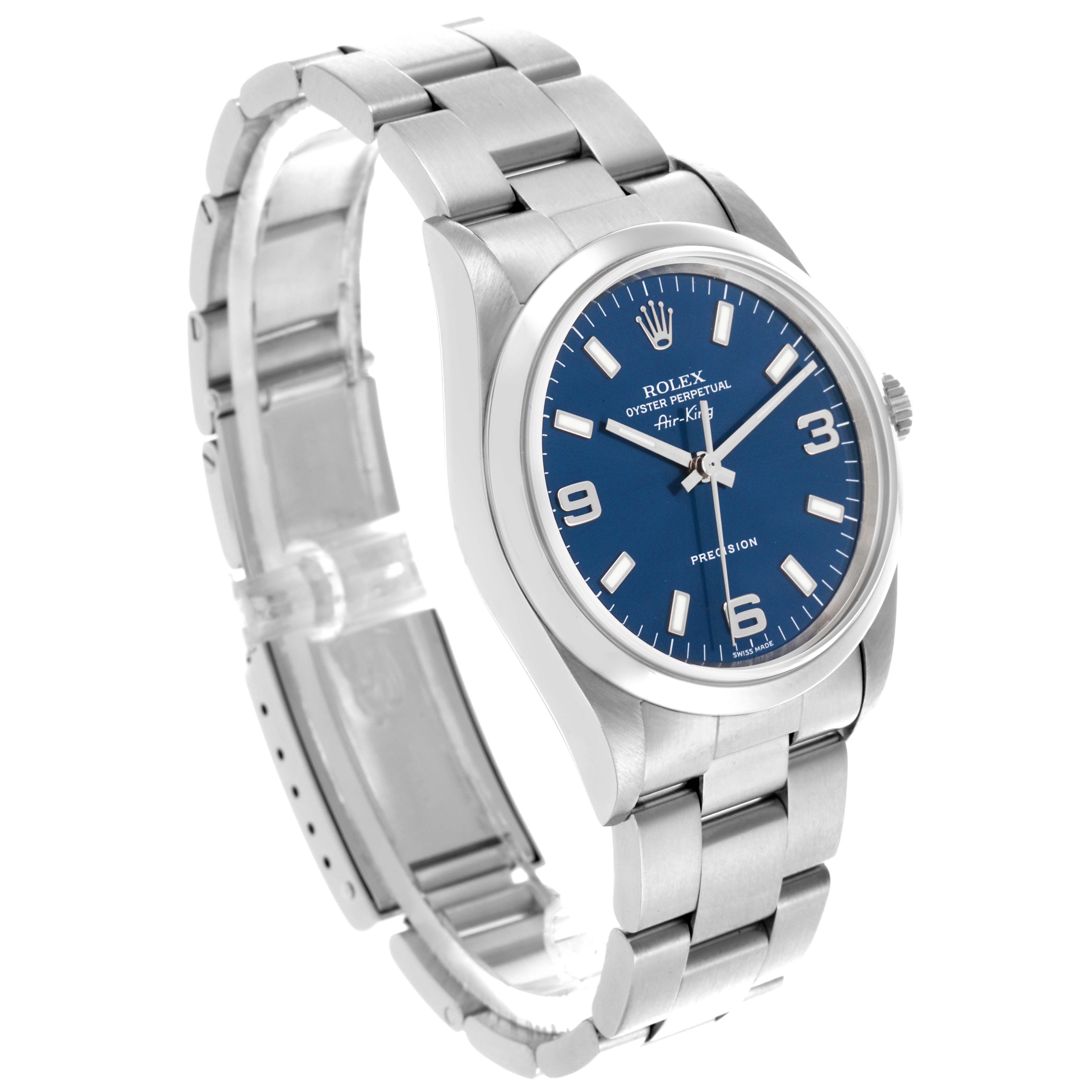 The Rolex Air-King 14000M Men's Stainless Steel Blue Dial 14000M Men's Stainless Steel Blue Dial is shown at a three-quarter angle, highlighting the watch face, bezel, bracelet, and crown.