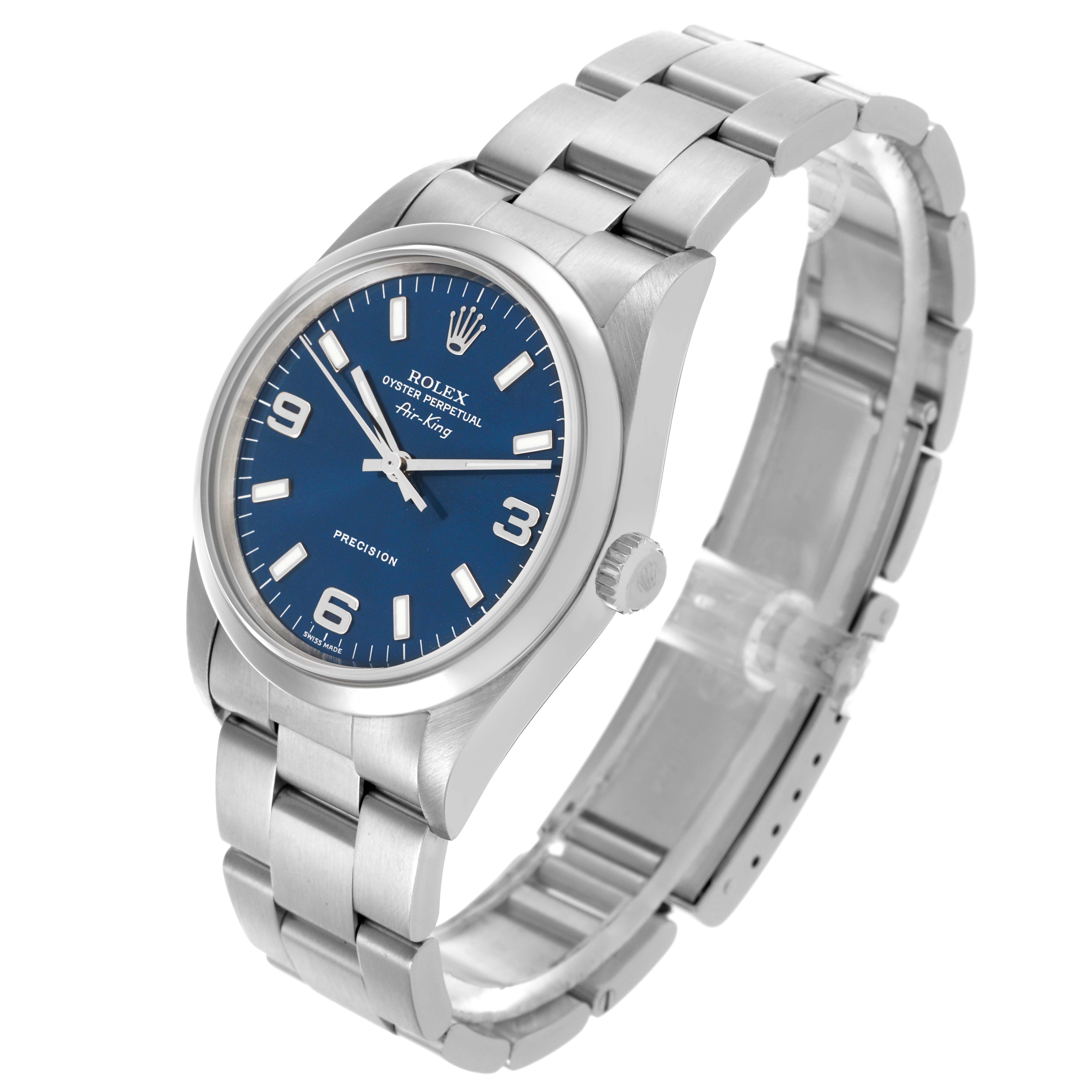 The Rolex Air-King 14000M Men's Stainless Steel Blue Dial 14000M Men's Stainless Steel Blue Dial watch is shown in a three-quarter view, displaying the face, bezel, and stainless steel bracelet.
