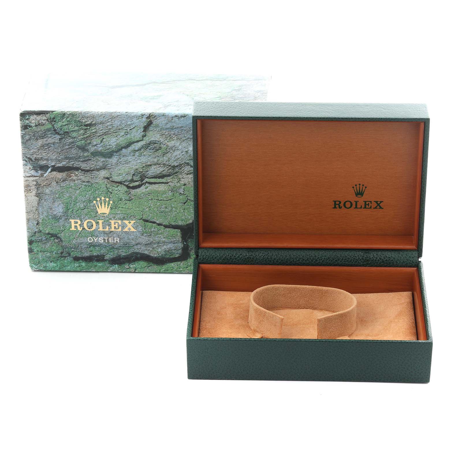 The image shows an empty Rolex Air-King 14000M Men's Stainless Steel Blue Dial 14000M Men's Stainless Steel Blue Dial watch box and outer packaging from a front angle.