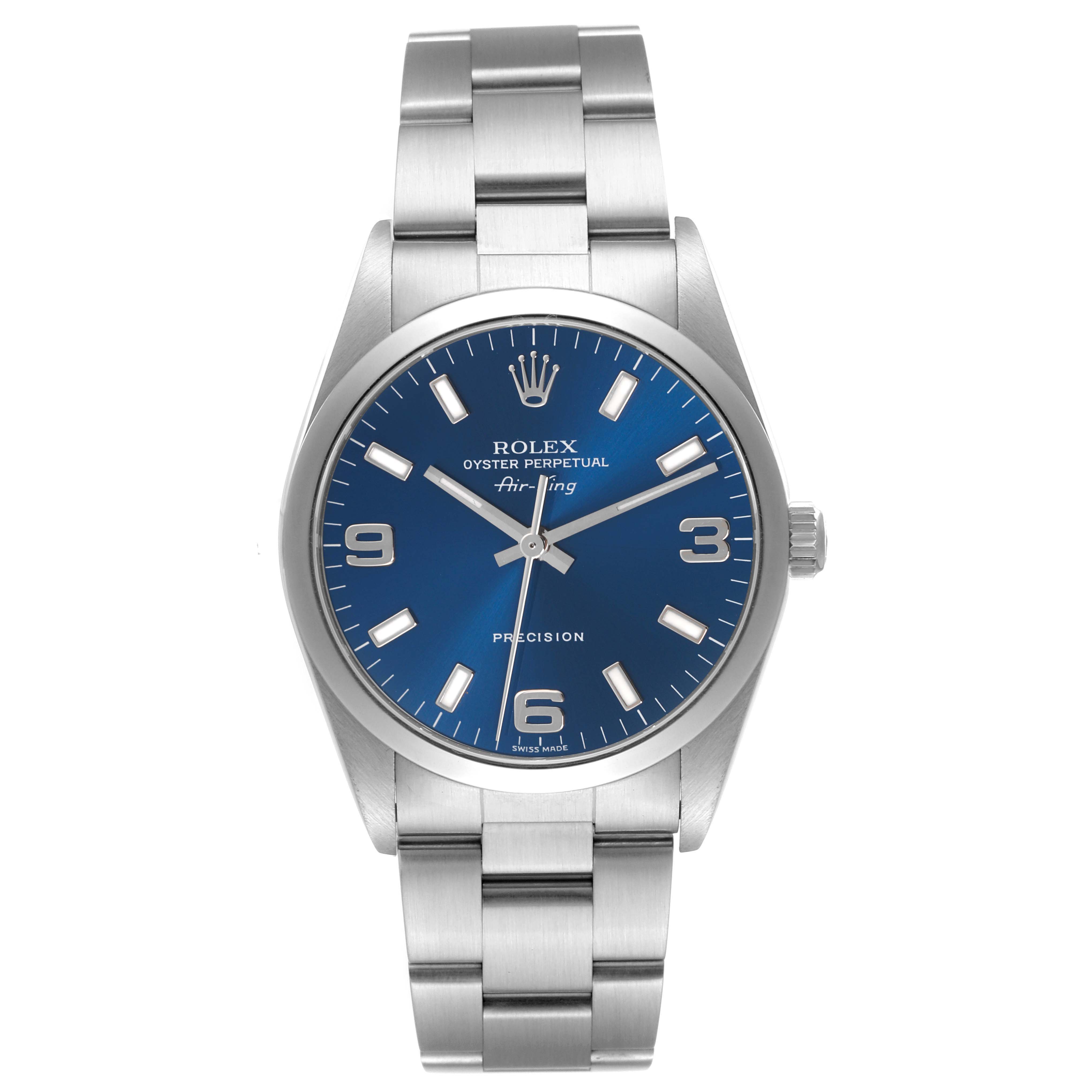 The Rolex Air-King 14000M Men's Stainless Steel Blue Dial 14000M Men's Stainless Steel Blue Dial watch is shown from a front view displaying its blue dial and stainless steel bracelet.