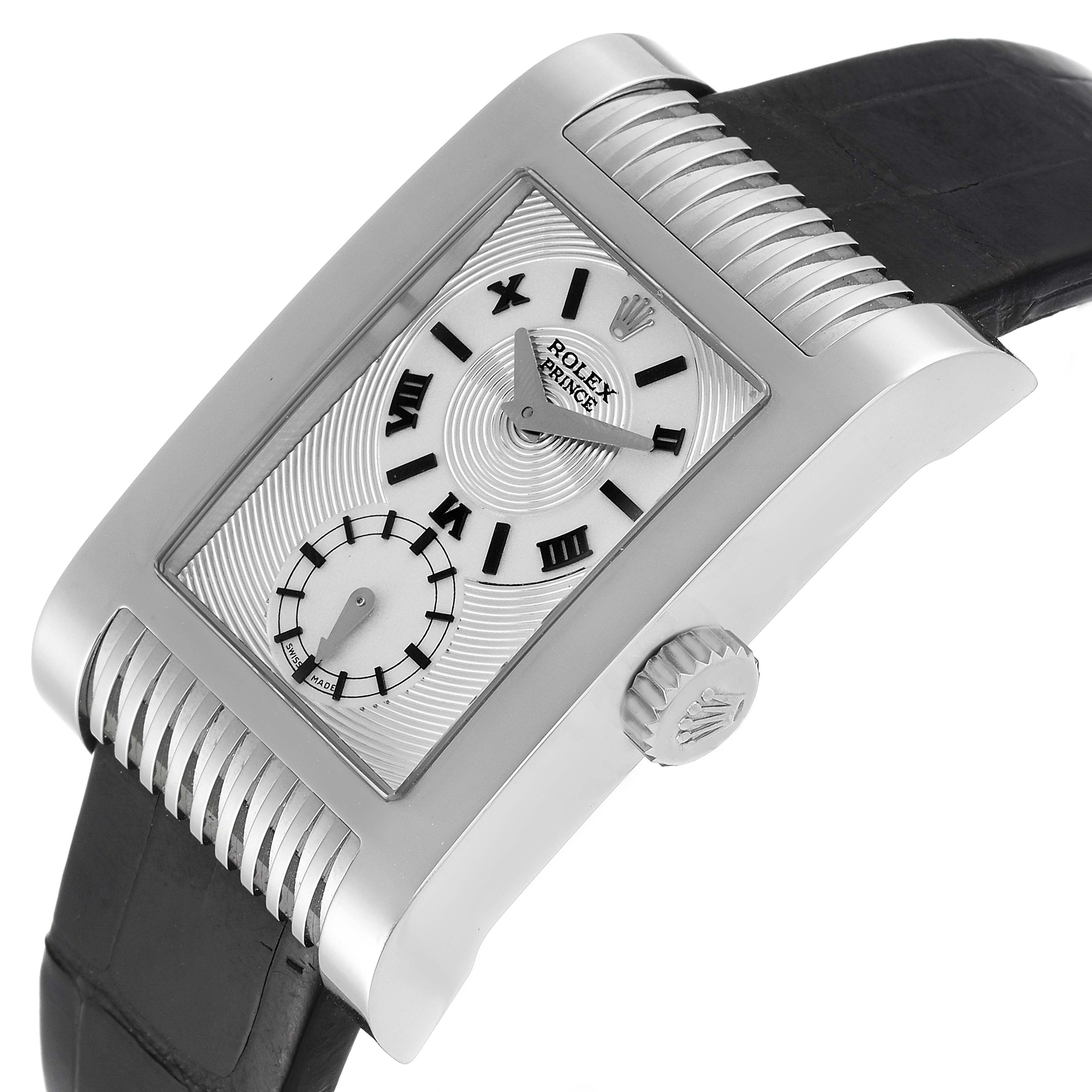 The image shows a close-up view of a Rolex Cellini 5441/9 Men
s White Gold Silver Dial 5441/9 Men
s White Gold Silver Dial model watch focusing on the dial, crown, and part of the leather strap.