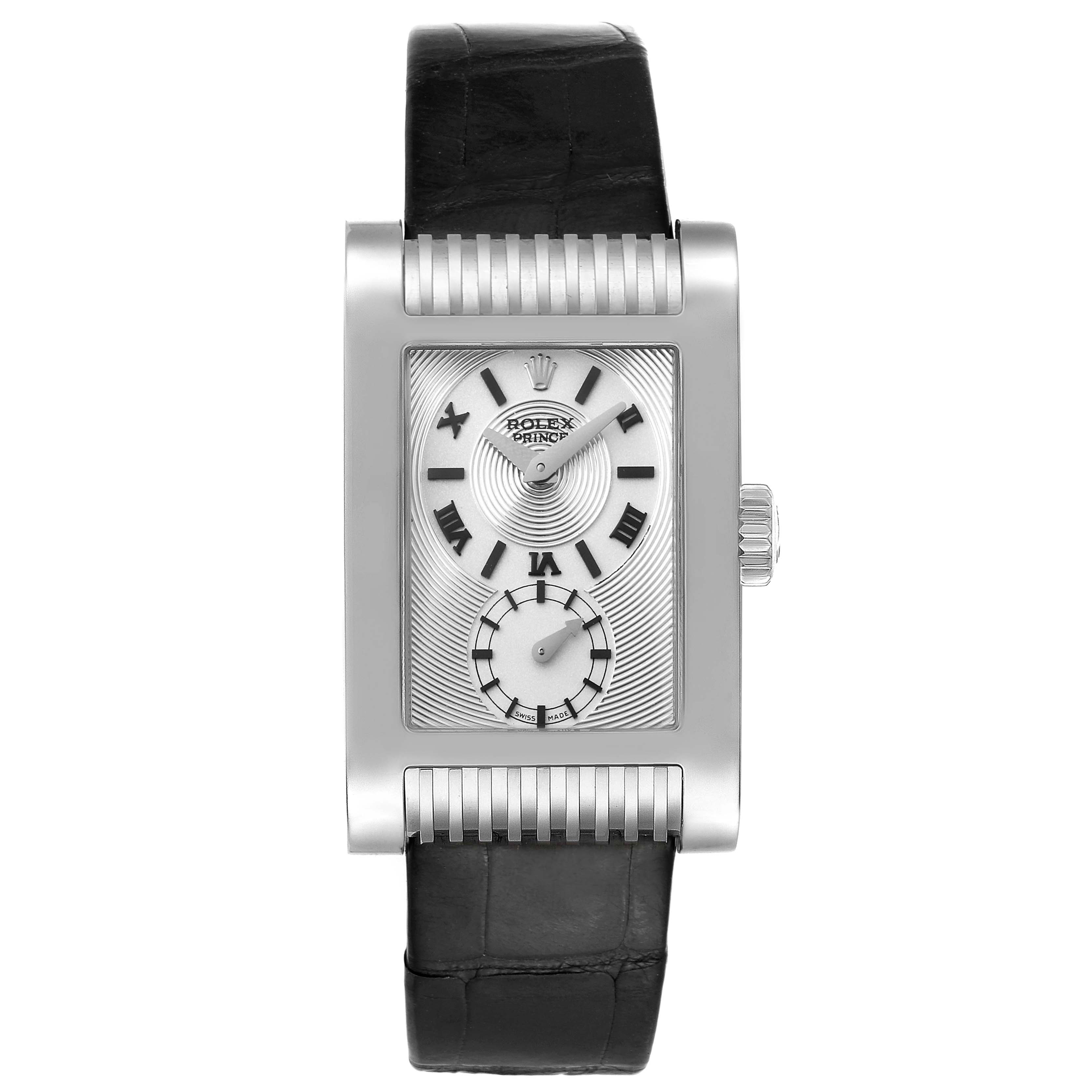 The image shows a frontal view of a Rolex Cellini 5441/9 Men
s White Gold Silver Dial 5441/9 Men
s White Gold Silver Dial watch, displaying its rectangular dial, case, and black leather strap.