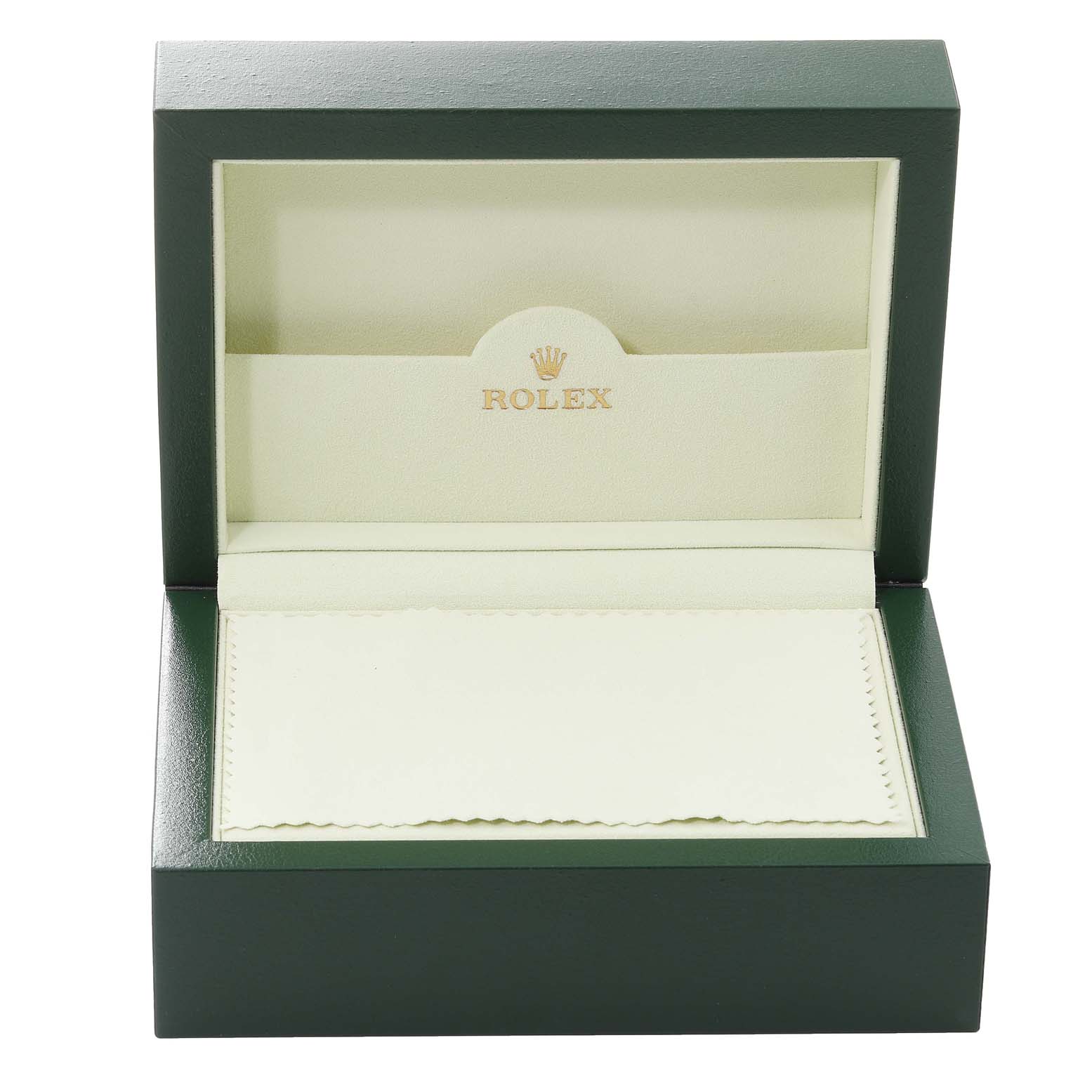 This image shows an open Rolex Cellini 5441/9 Men
s White Gold Silver Dial 5441/9 Men
s White Gold Silver Dial watch box with a cream interior and the Rolex logo.