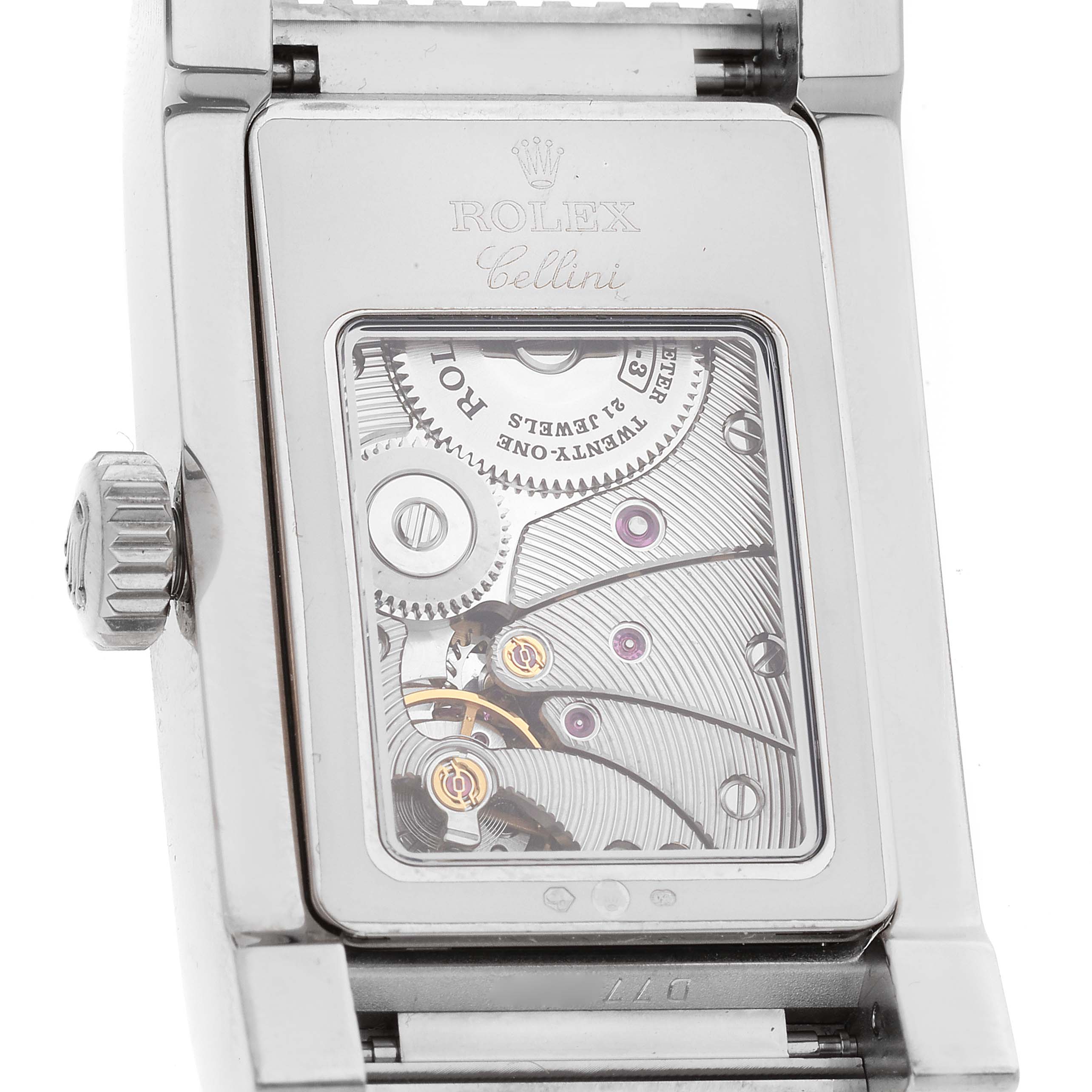 The image shows the inside back view of a Rolex Cellini 5441/9 Men
s White Gold Silver Dial 5441/9 Men
s White Gold Silver Dial watch, revealing its mechanical movement.