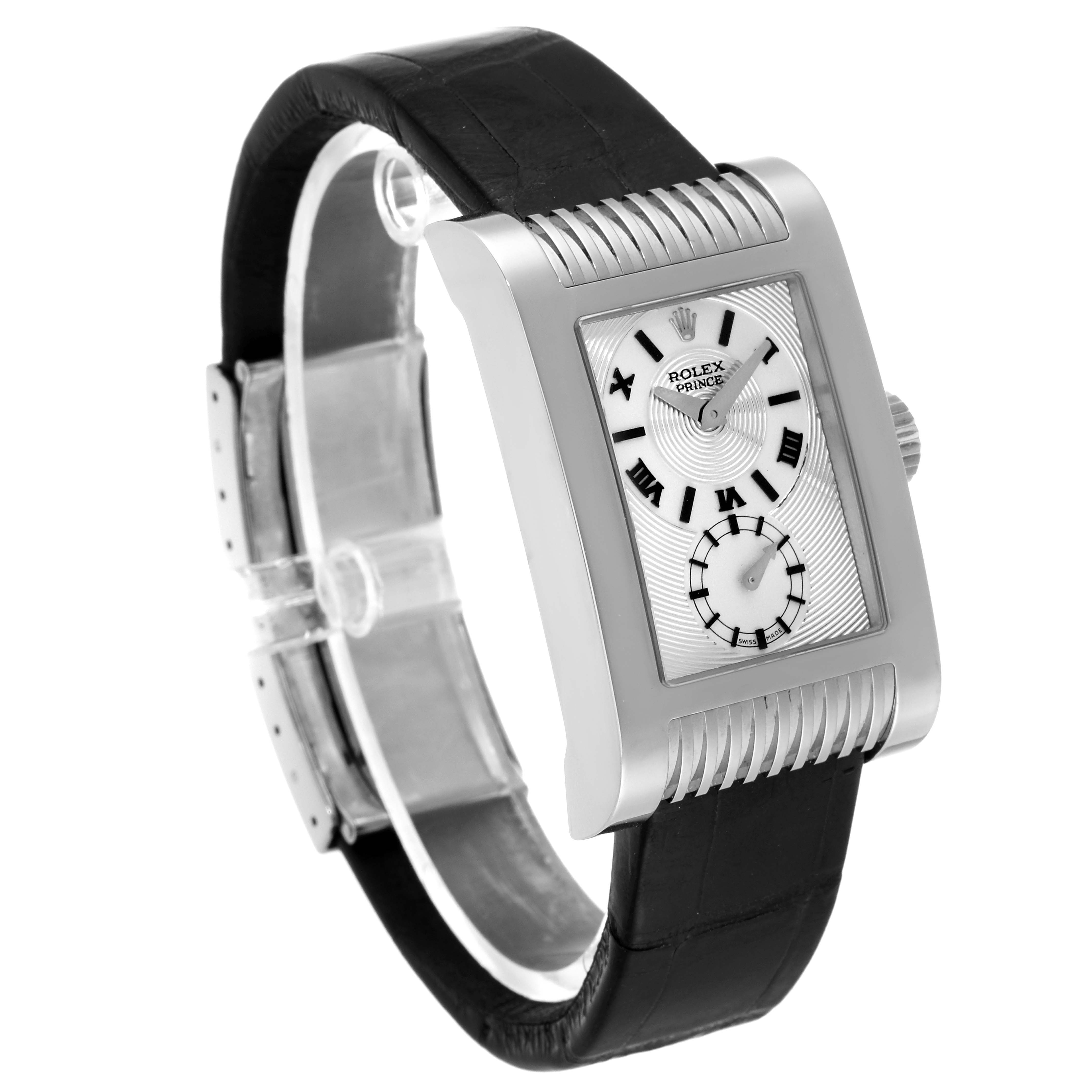 The image shows a Rolex Cellini 5441/9 Men
s White Gold Silver Dial 5441/9 Men
s White Gold Silver Dial Prince watch from a front-left angle, featuring its rectangular dial and black leather strap.