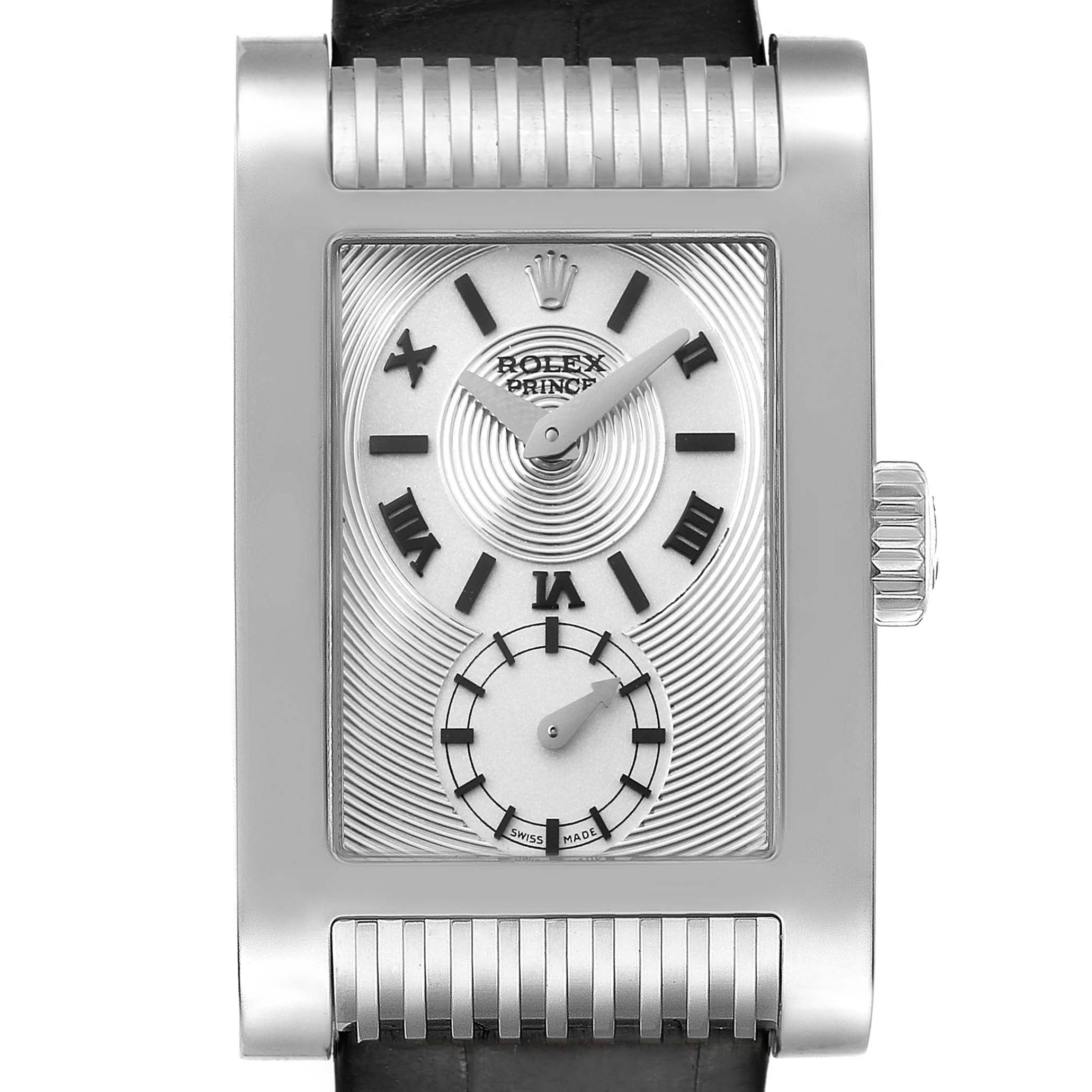 This image shows a front view of a Rolex Cellini 5441/9 Men
s White Gold Silver Dial 5441/9 Men
s White Gold Silver Dial Prince watch, highlighting its rectangular dial and crown.