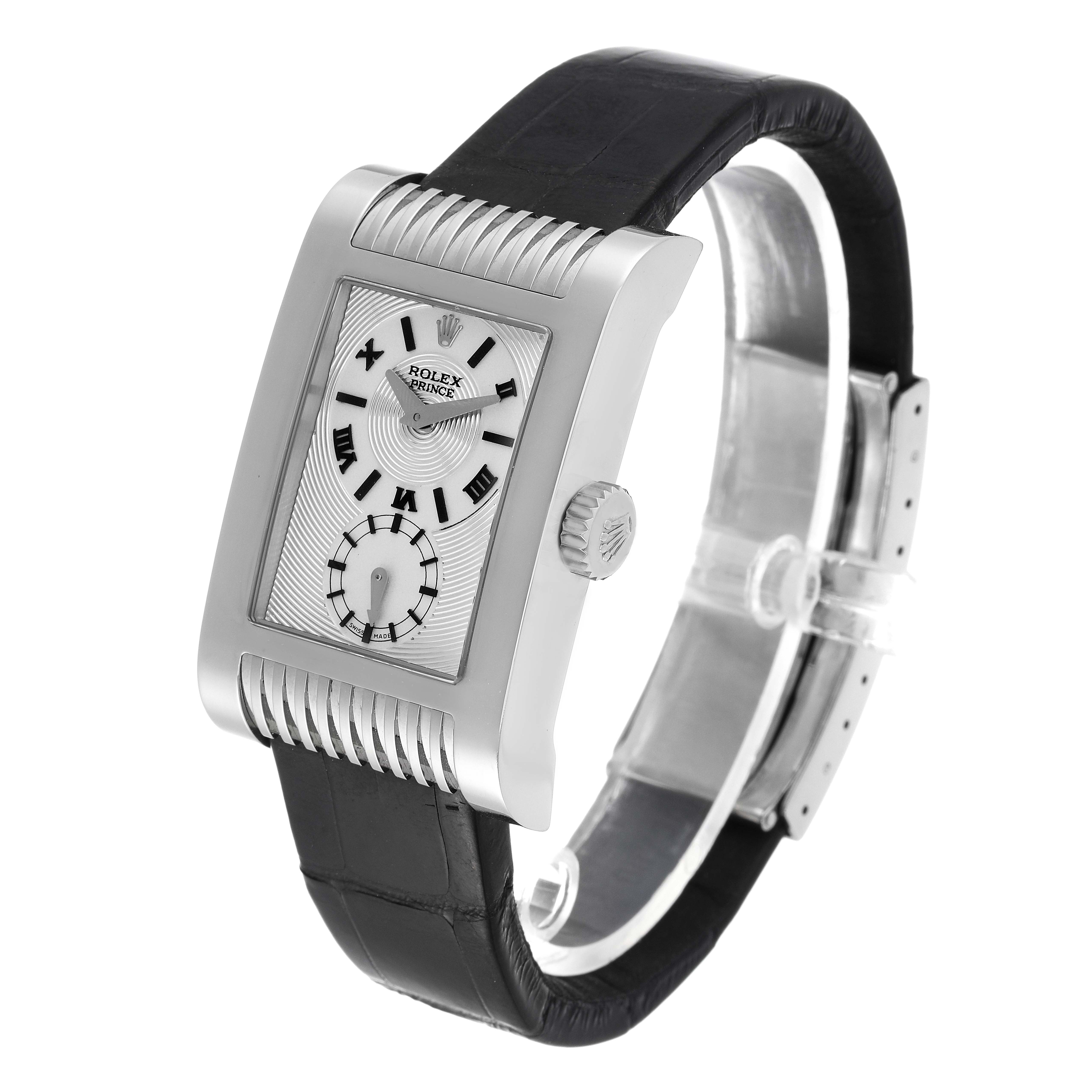 The image shows a side angle of a Rolex Cellini 5441/9 Men
s White Gold Silver Dial 5441/9 Men
s White Gold Silver Dial watch, highlighting the face, crown, and leather strap.