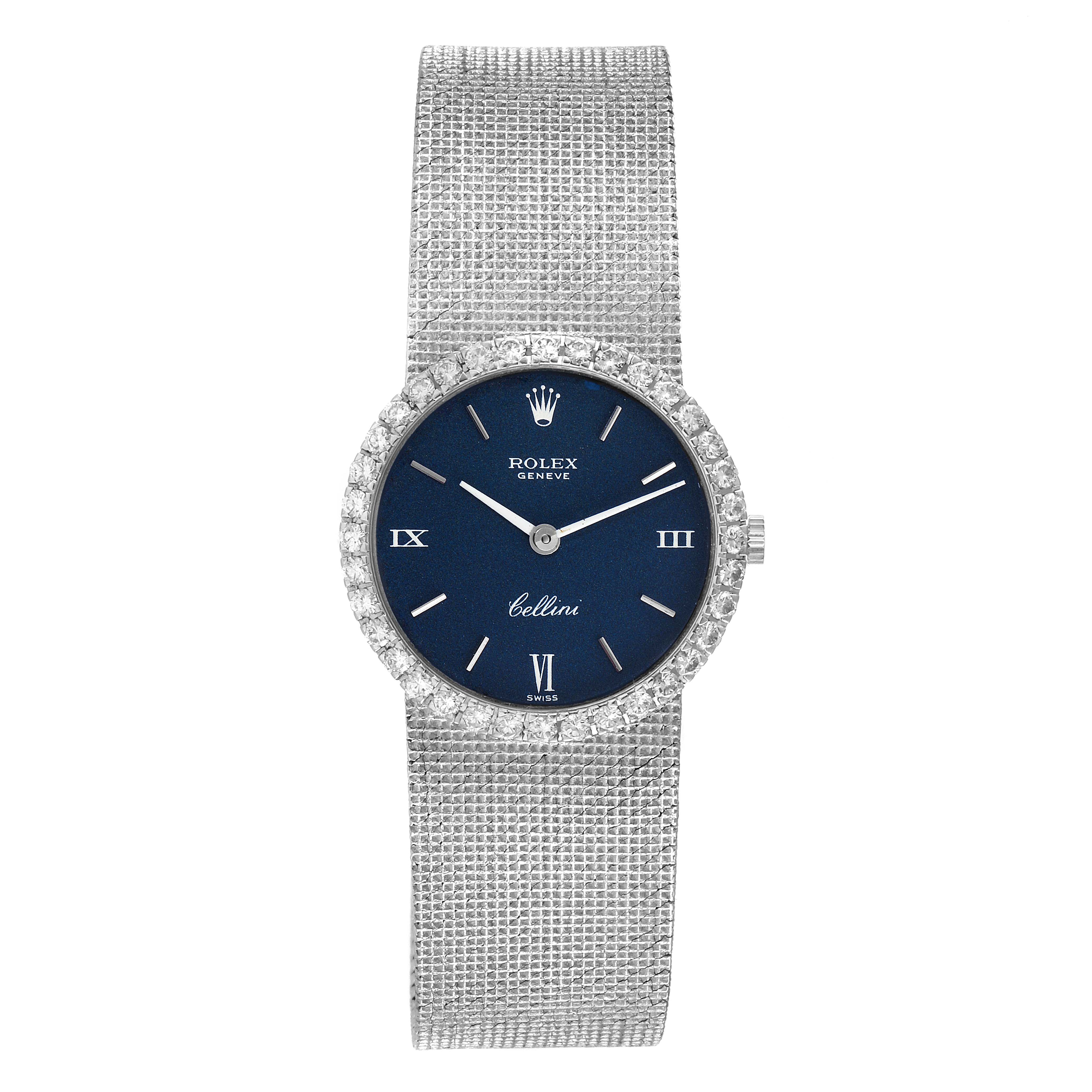 The Rolex Cocktail 3812 Women
s White Gold Blue Dial 3812 Women
s White Gold Blue Dial model watch is shown from a top-down angle, featuring the dial, bezel, and bracelet.