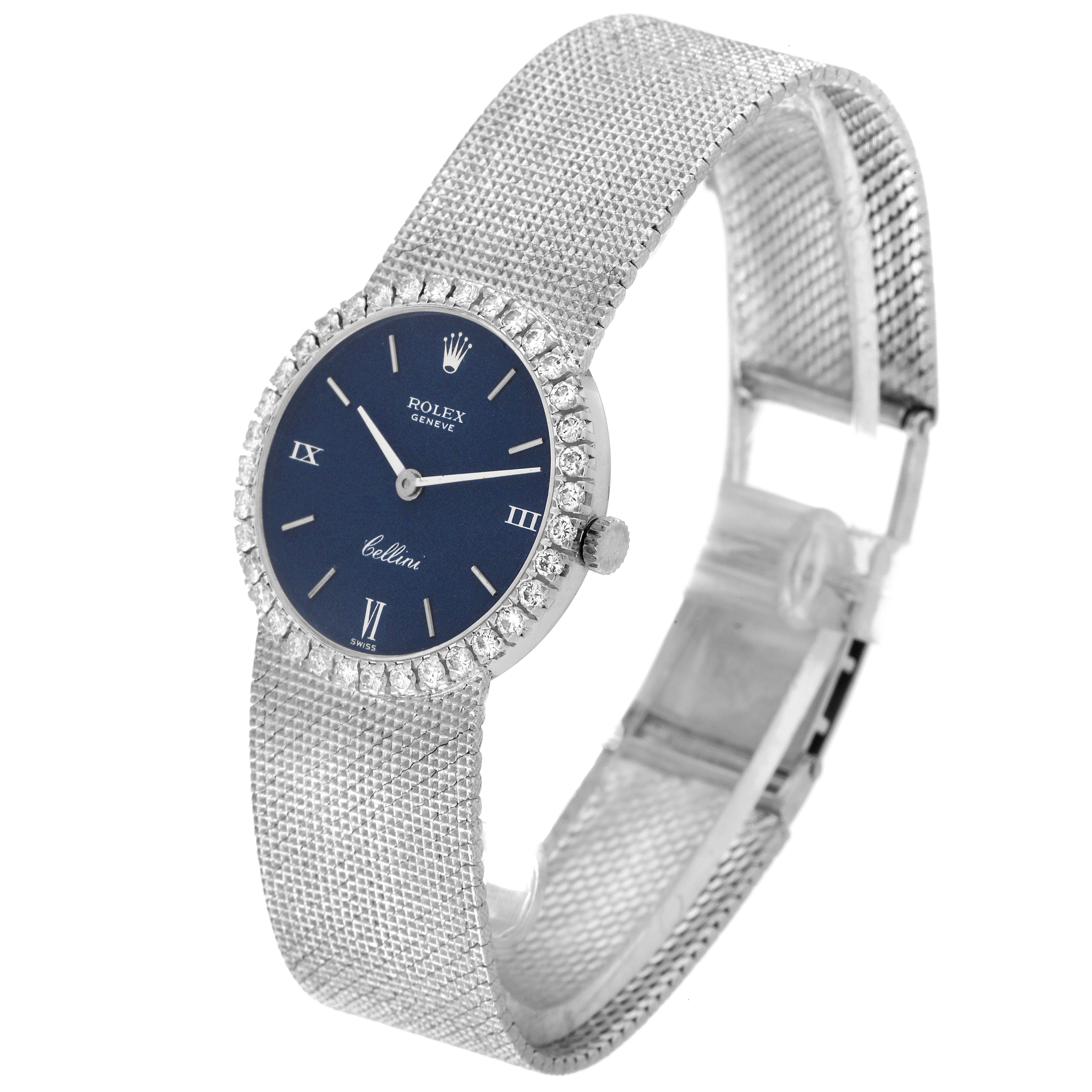 The Rolex Cocktail 3812 Women
s White Gold Blue Dial 3812 Women
s White Gold Blue Dial model watch is shown at a slight angle, displaying its dial, bezel, crown, and mesh bracelet.