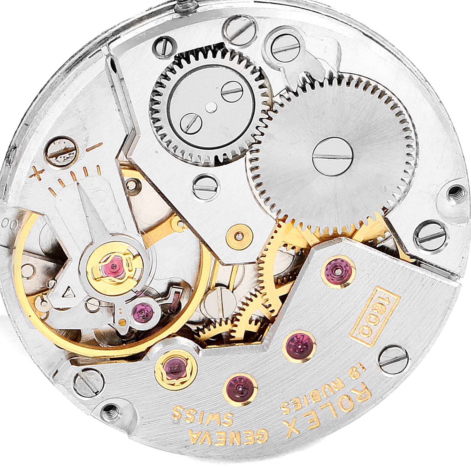 This image shows the internal movement and gears of a Rolex Cocktail 3812 Women
s White Gold Blue Dial 3812 Women
s White Gold Blue Dial model watch, highlighting its intricate mechanism.