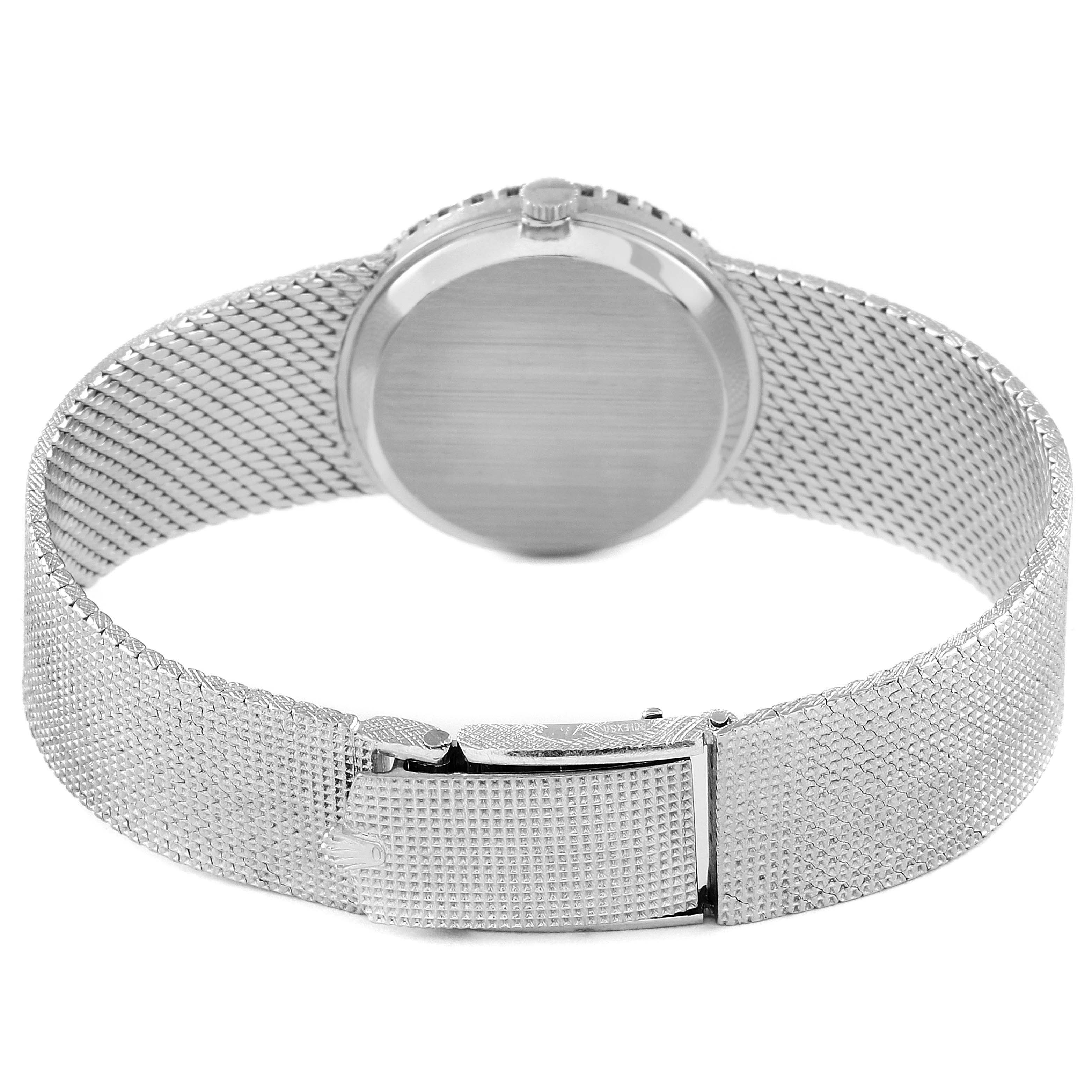 This image shows the back view of the Rolex Cocktail 3812 Women
s White Gold Blue Dial 3812 Women
s White Gold Blue Dial model watch, focusing on the mesh band and clasp.