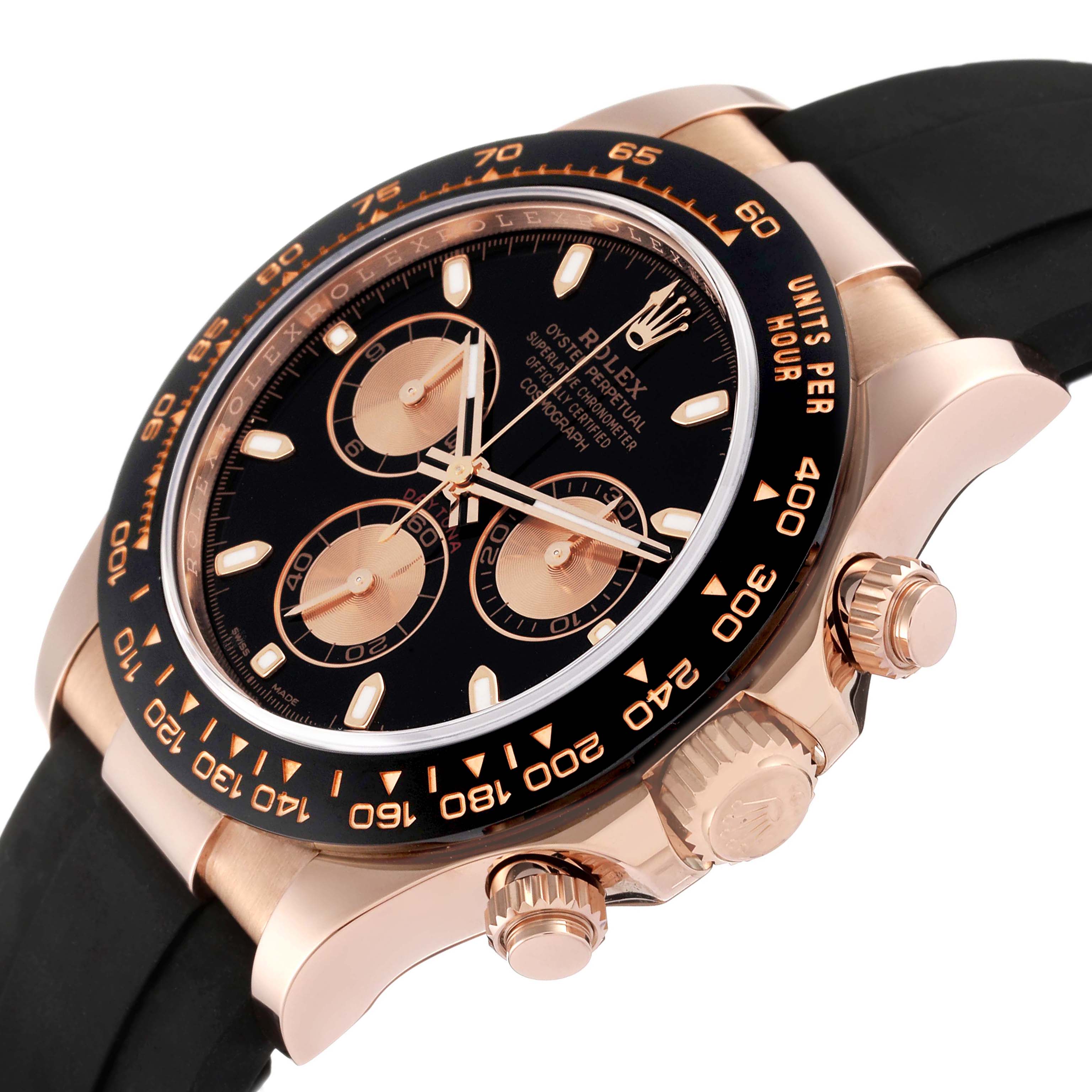 The image shows a close-up angled view of the Rolex Daytona 116515LN Men
s Rose Gold Silver Dial 116515LN Men
s Rose Gold Silver Dial watch, highlighting the dial, bezel, and crown.