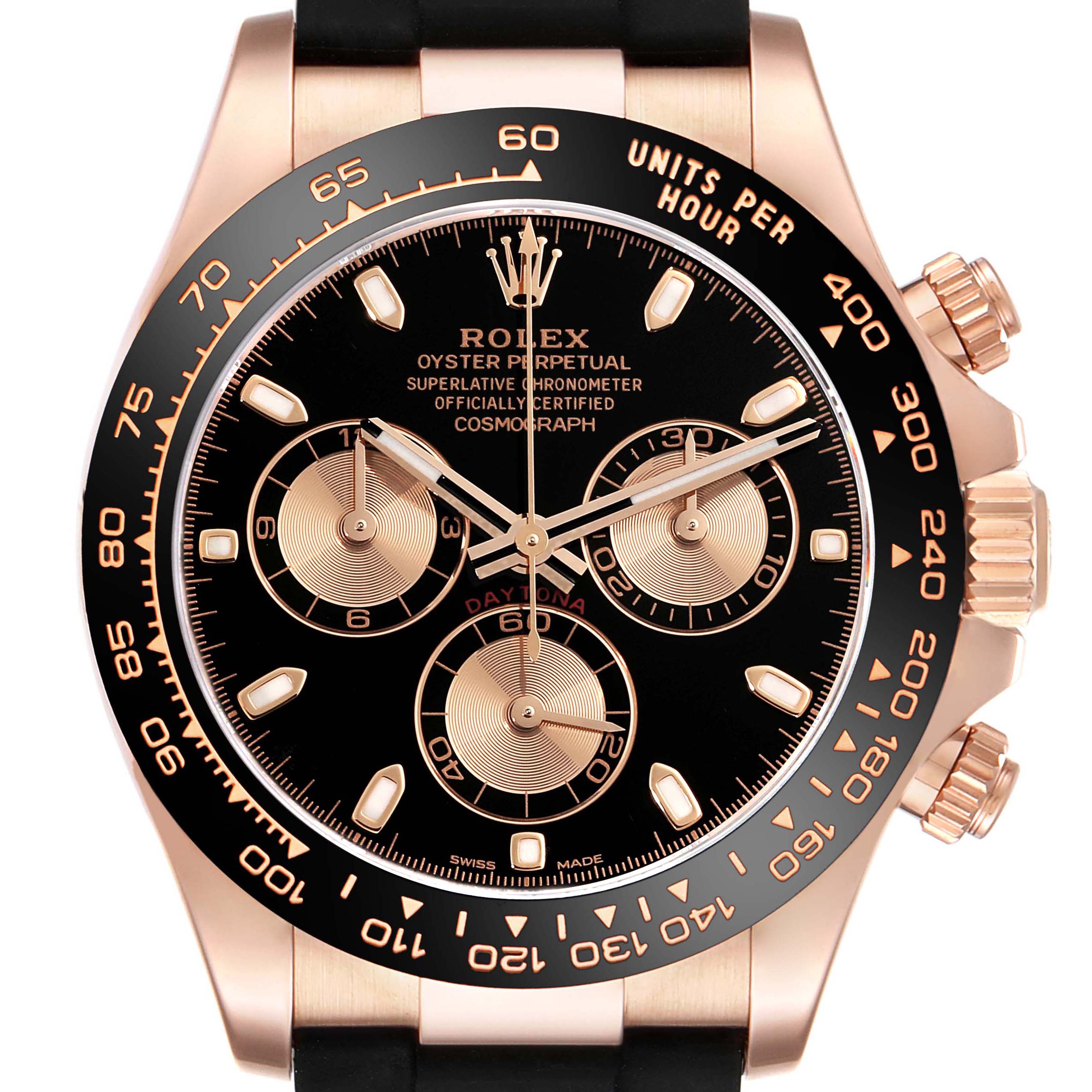 This image shows the front view of a Rolex Daytona 116515LN Men
s Rose Gold Silver Dial 116515LN Men
s Rose Gold Silver Dial watch featuring its face, bezel, and chronograph pushers.