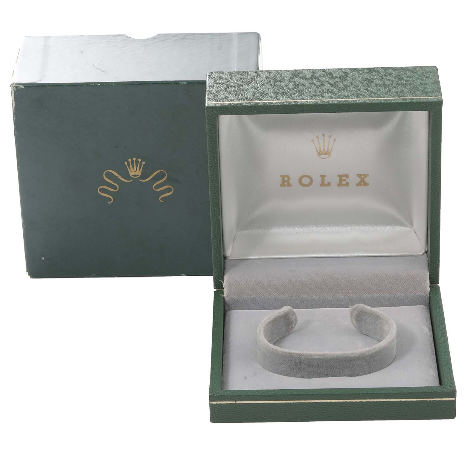 This image shows an open Rolex Vintage Collection 1501 Men's Yellow Gold Champagne Dial 1501 Men's Yellow Gold Champagne Dial watch box with a presentation pillow inside, alongside its outer packaging.