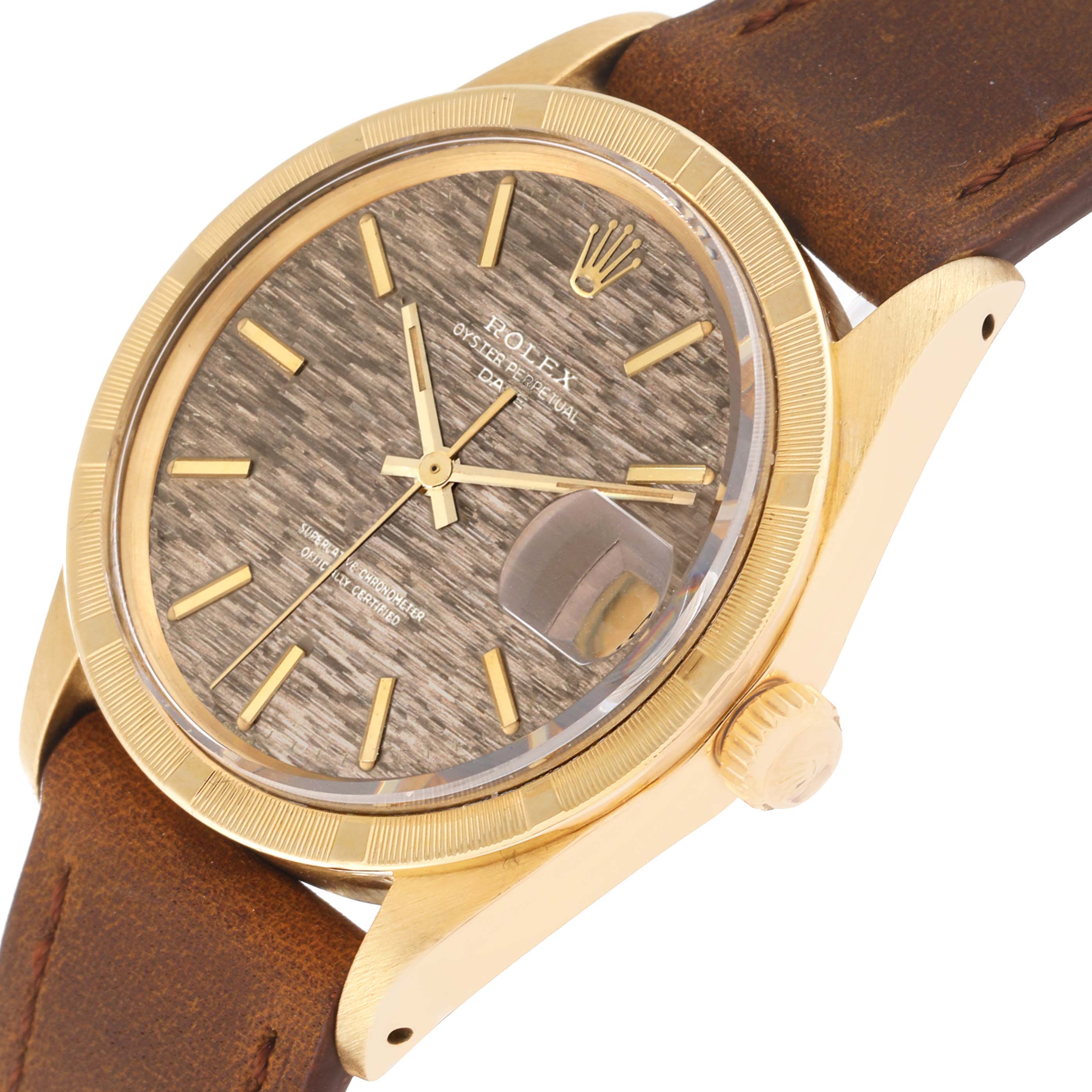 The Rolex Vintage Collection 1501 Men's Yellow Gold Champagne Dial 1501 Men's Yellow Gold Champagne Dial model watch is shown at an angle displaying the face, bezel, crown, leather strap, and case.