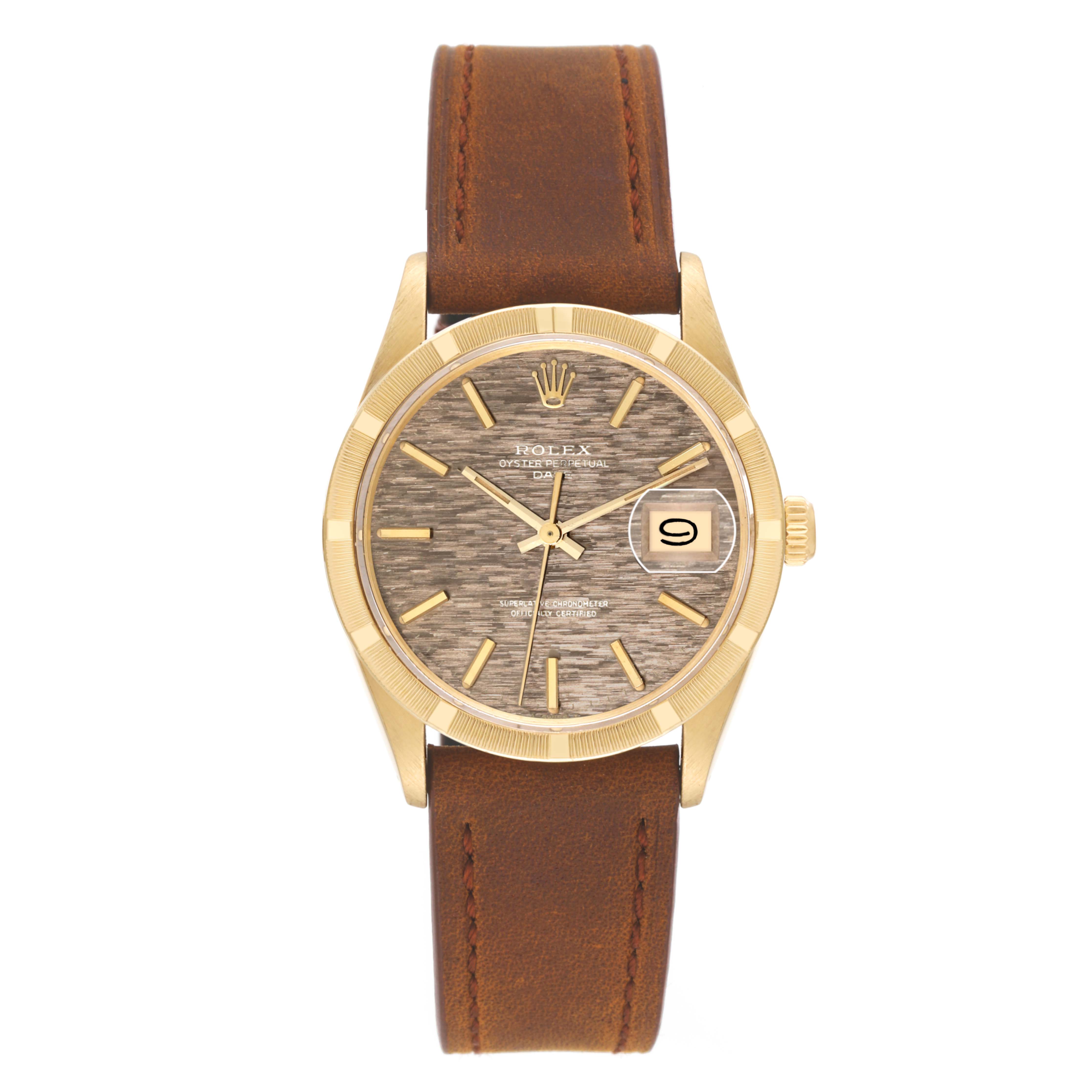 This image shows a front view of the Rolex Vintage Collection 1501 Men's Yellow Gold Champagne Dial 1501 Men's Yellow Gold Champagne Dial watch, highlighting its face, bezel, and leather strap.