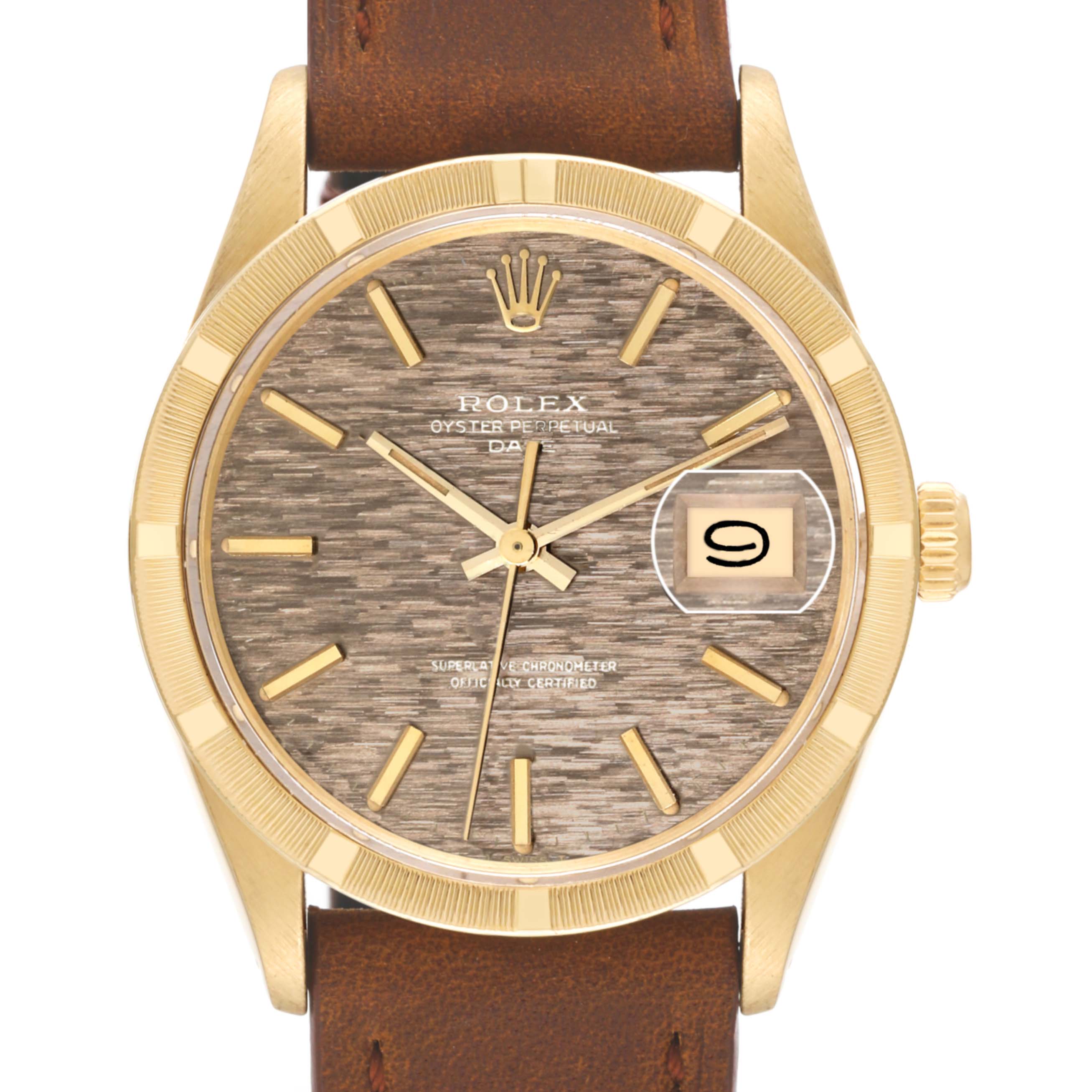 The Rolex Vintage Collection 1501 Men's Yellow Gold Champagne Dial 1501 Men's Yellow Gold Champagne Dial model watch is shown from the front, displaying the face, bezel, crown, hands, and date window.