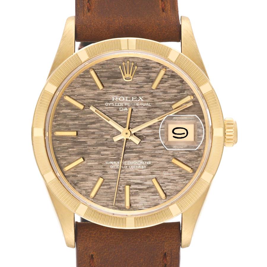 Rolex Date Brick Dial Engine Turned Bezel Vintage Yellow Gold Mens Watch 1501 SwissWatchExpo
