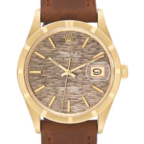 Photo of Rolex Date Brick Dial Engine Turned Bezel Vintage Yellow Gold Mens Watch 1501