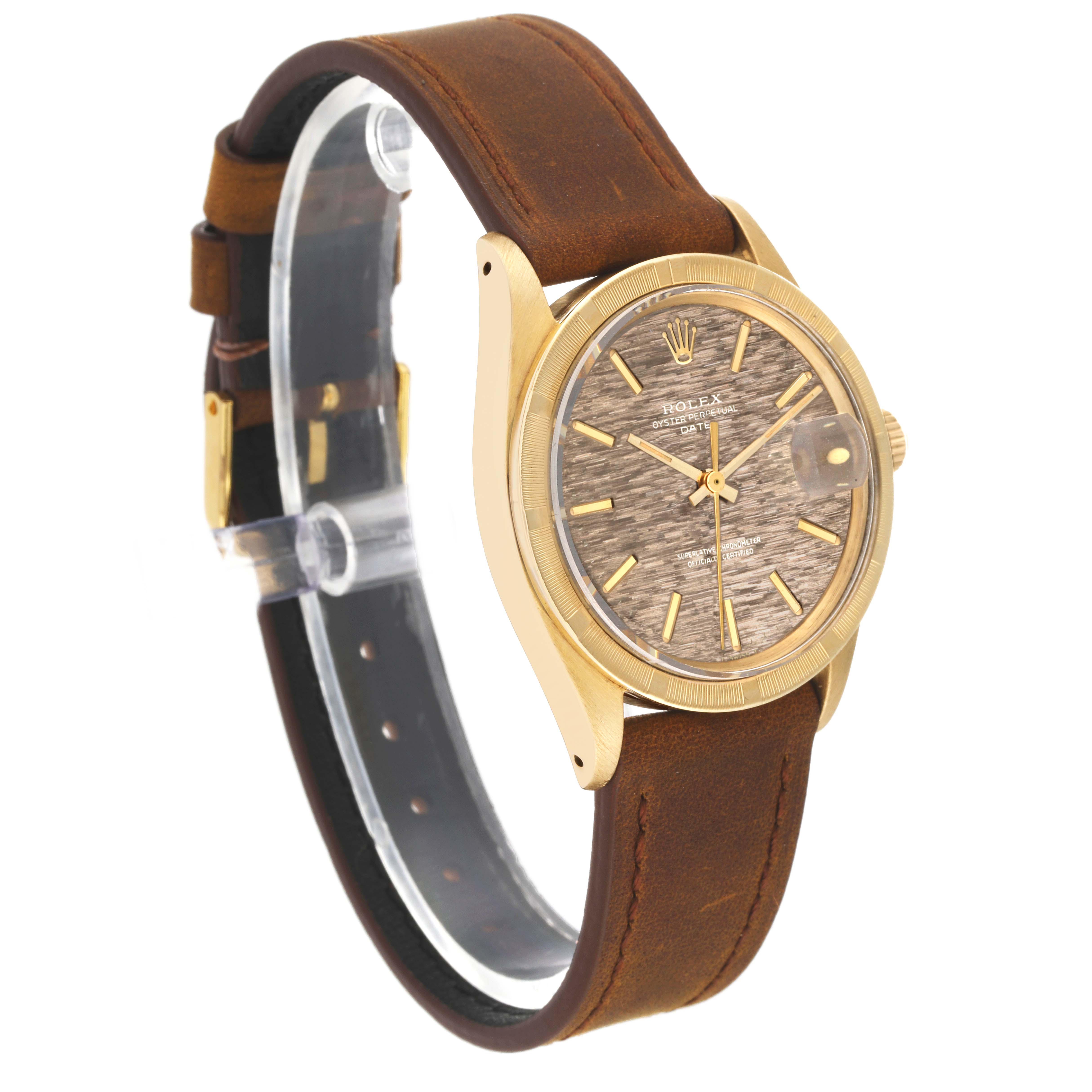 The Rolex Vintage Collection 1501 Men's Yellow Gold Champagne Dial 1501 Men's Yellow Gold Champagne Dial model watch is shown at an angled view highlighting its golden case, brown leather strap, and textured dial.