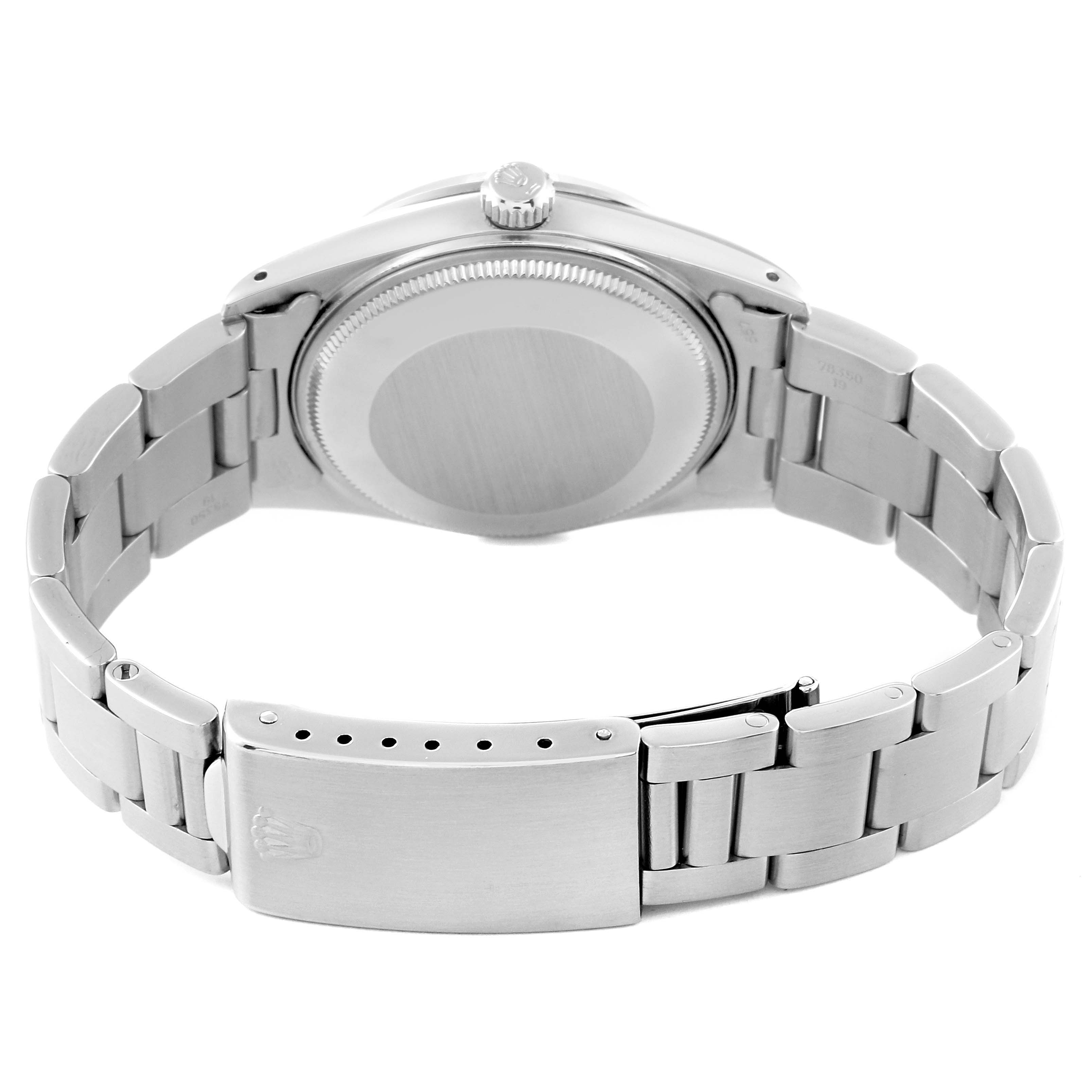 The image shows the back view of the Rolex Vintage Collection 15000 Men's Stainless Steel Blue Dial 15000 Men's Stainless Steel Blue Dial watch, including the case back, bracelet, and clasp.