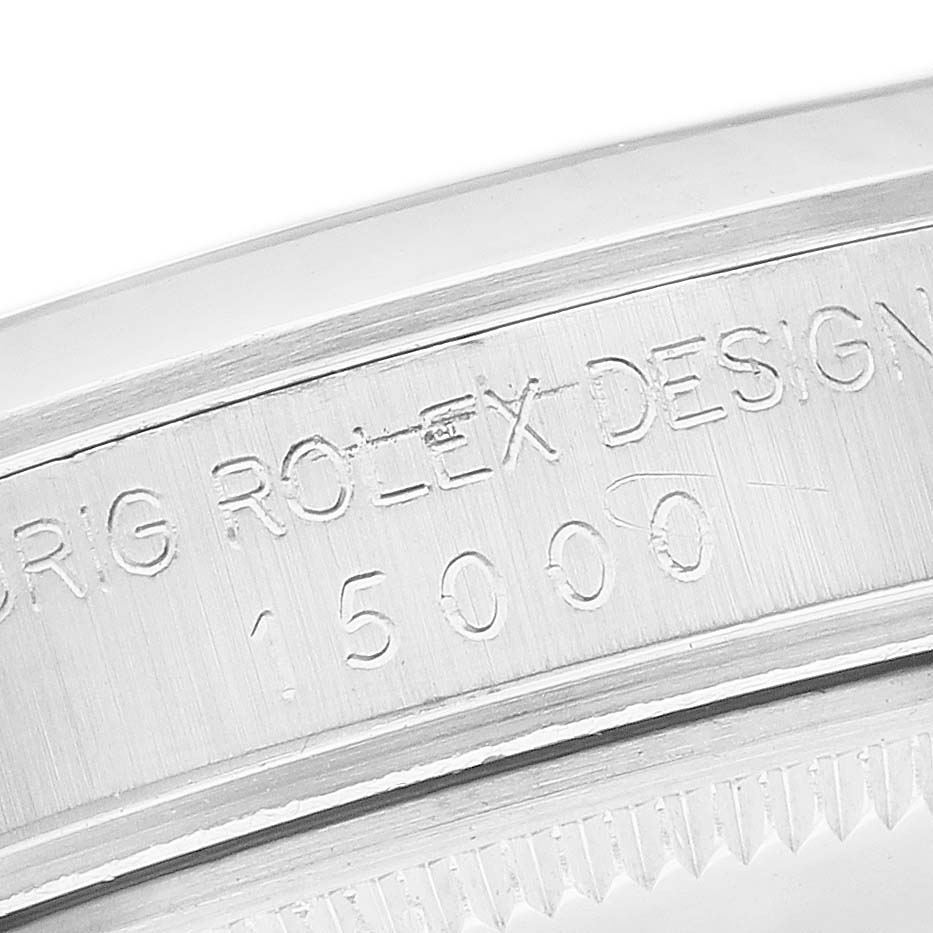 This image shows the side engraving, including the model number, on the case of a Rolex Vintage Collection 15000 Men's Stainless Steel Blue Dial 15000 Men's Stainless Steel Blue Dial watch.