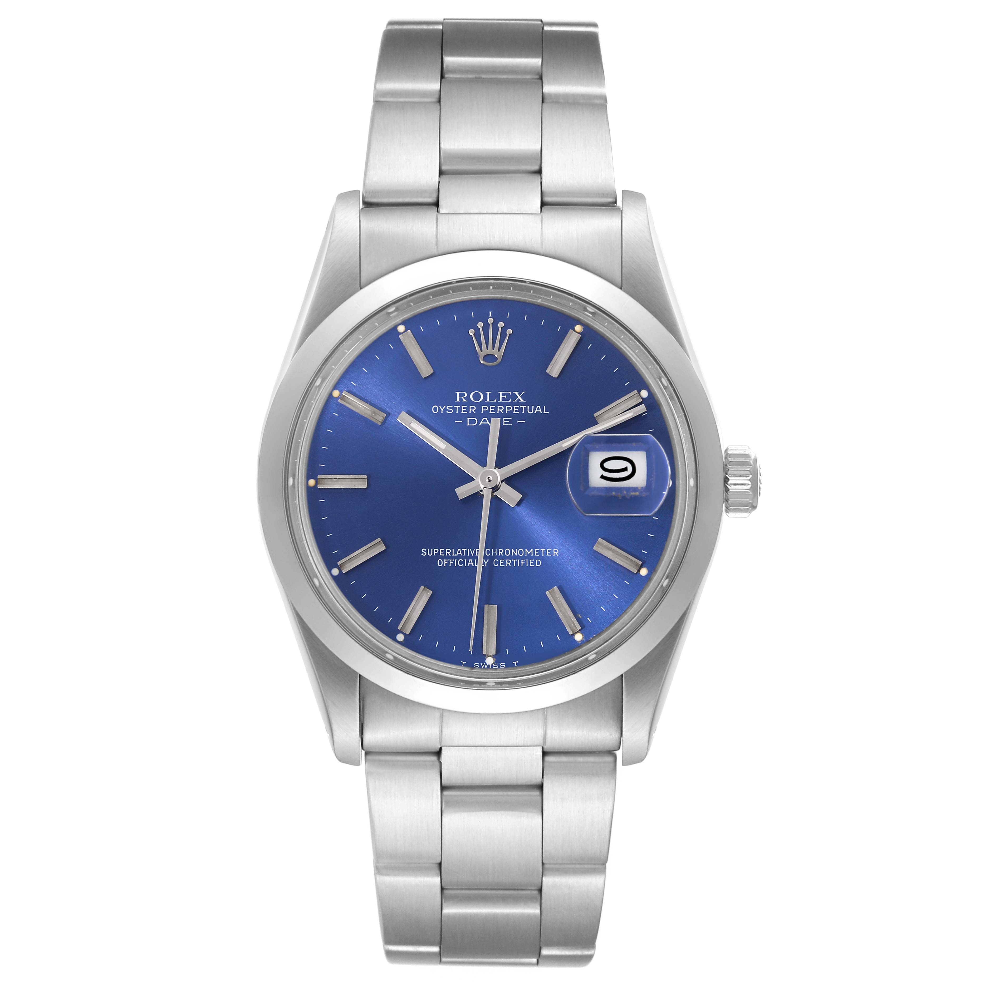 This image shows a front view of a Rolex Vintage Collection 15000 Men's Stainless Steel Blue Dial 15000 Men's Stainless Steel Blue Dial model watch with a blue dial and metal bracelet.