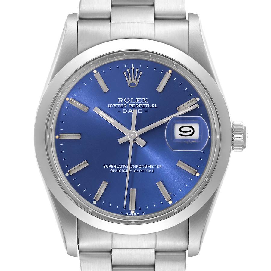 Rolex Date Stainless Steel Blue Dial Vintage Mens Watch 15000 SwissWatchExpo