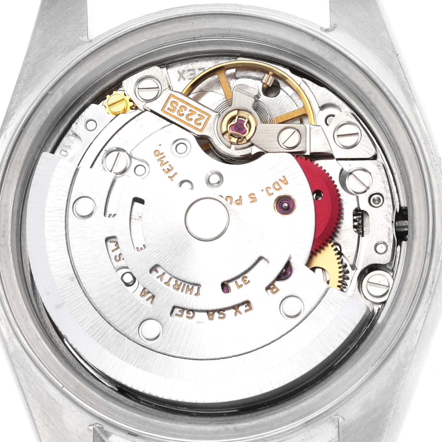 The image shows the movement of a Rolex Date 79160 Women's Stainless Steel White Dial 79160 Women's Stainless Steel White Dial watch, focusing on its intricate mechanical parts from a back angle.