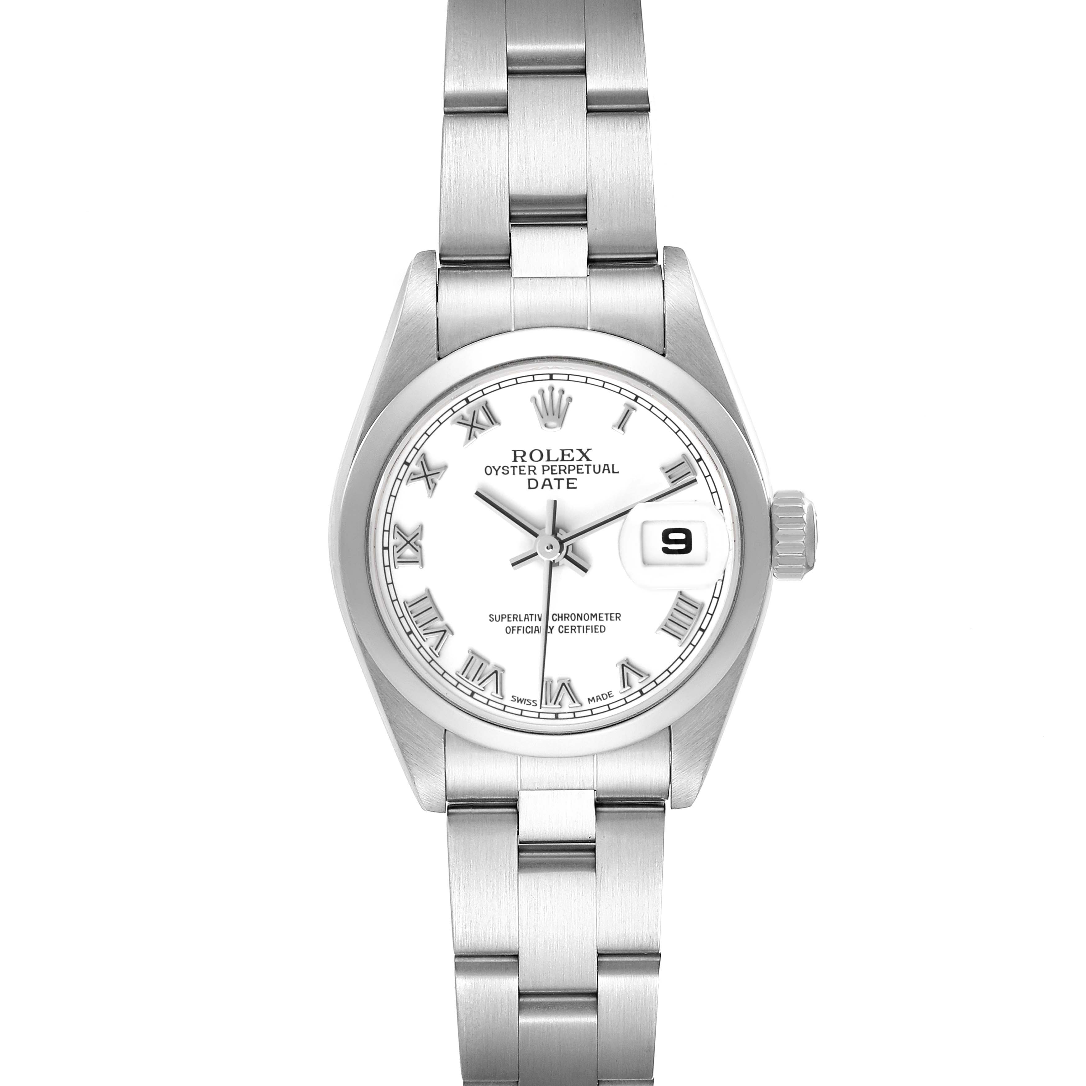 The Rolex Date 79160 Women's Stainless Steel White Dial 79160 Women's Stainless Steel White Dial model watch is shown from a top-down angle, displaying its face, bezel, bracelet, and crown.