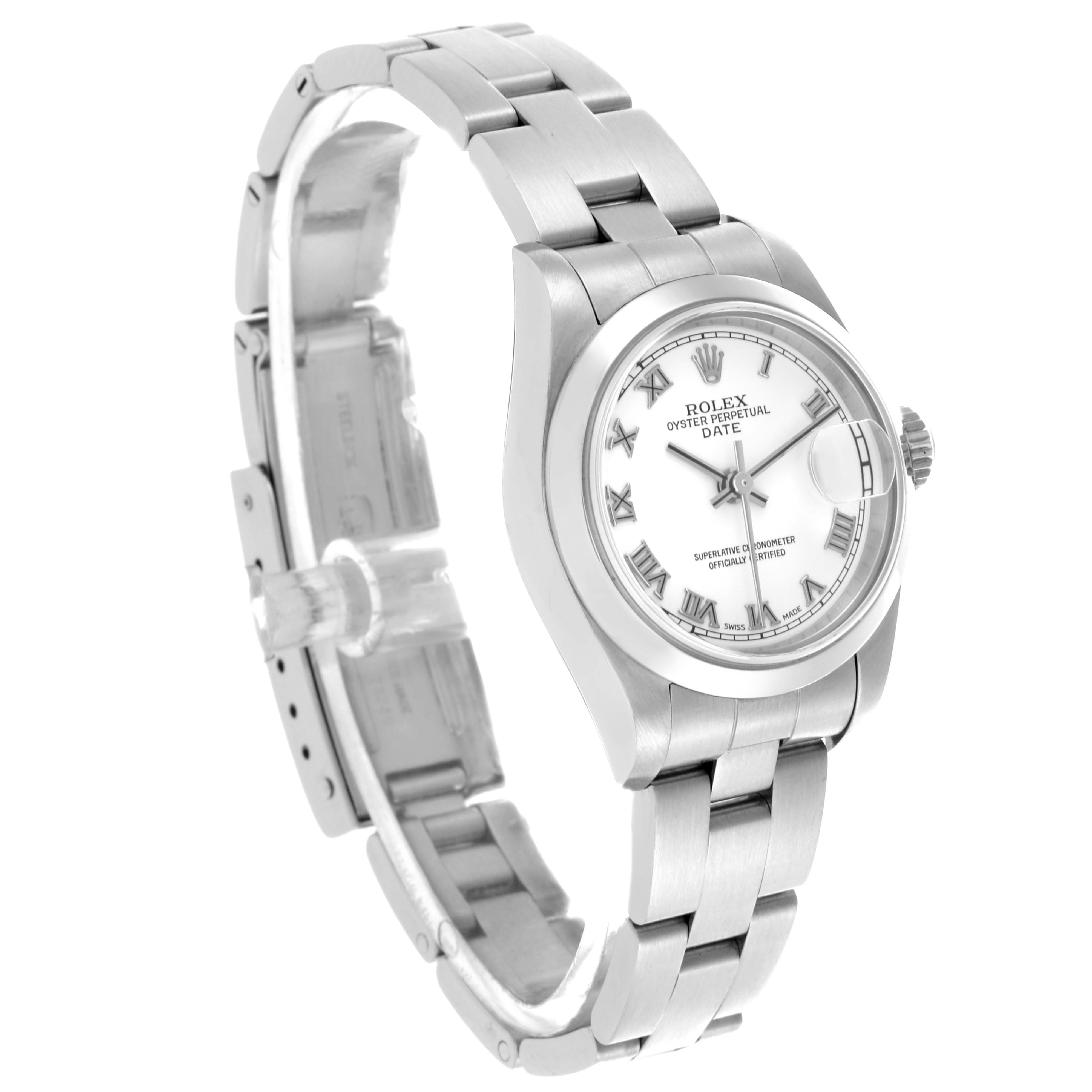 The image shows a Rolex Date 79160 Women's Stainless Steel White Dial 79160 Women's Stainless Steel White Dial watch at a three-quarter angle, highlighting the dial, bezel, and bracelet.