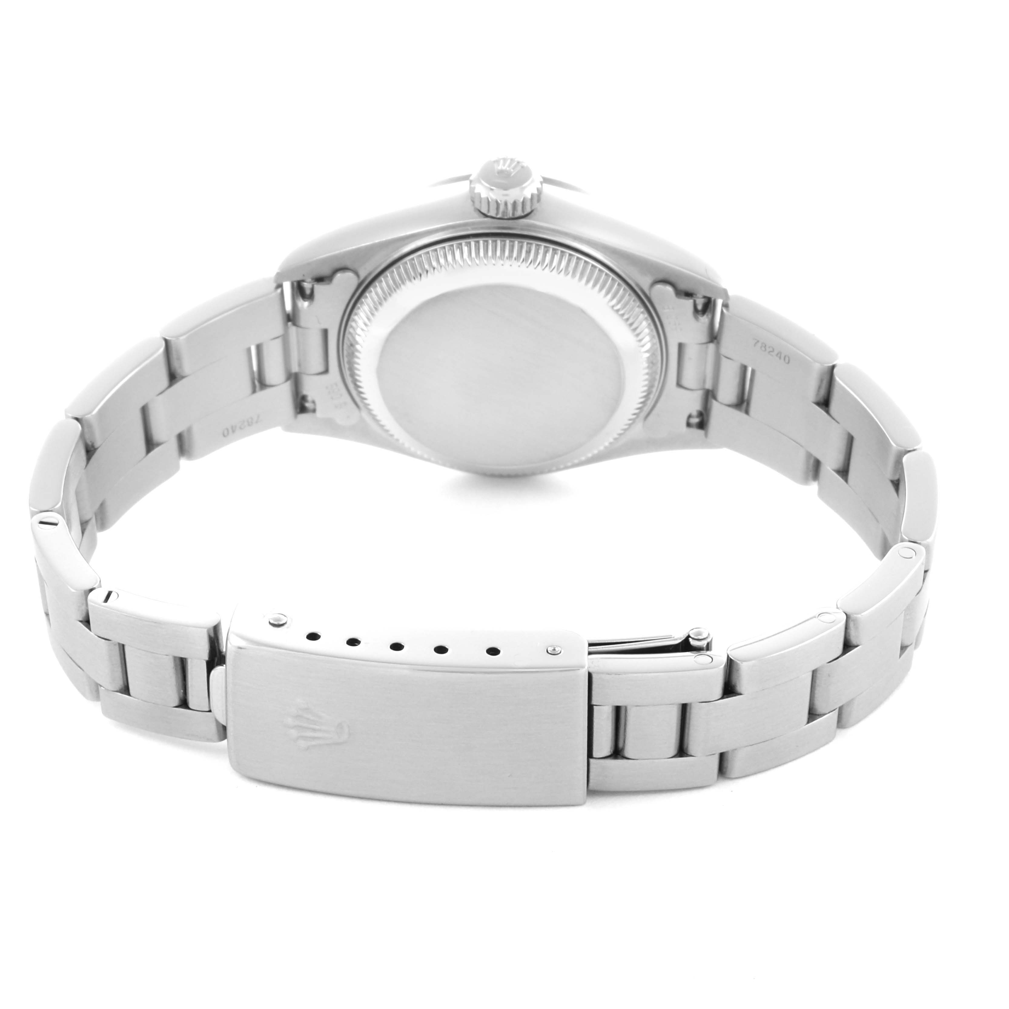 The image shows the back view of a Rolex Date 79160 Women's Stainless Steel White Dial 79160 Women's Stainless Steel White Dial model, highlighting the case back and bracelet clasp.