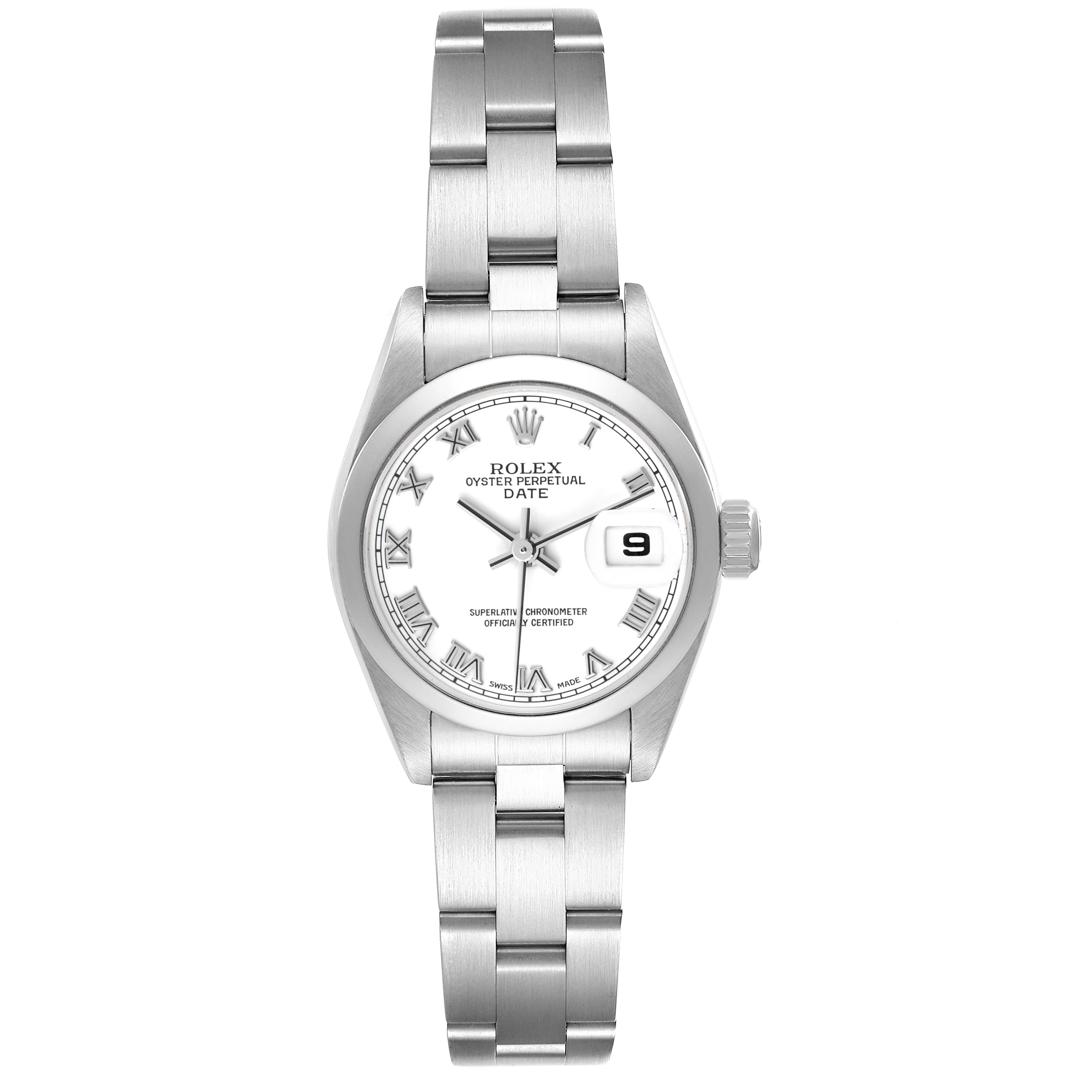 The image shows a front view of the Rolex Date 79160 Women's Stainless Steel White Dial 79160 Women's Stainless Steel White Dial watch, highlighting the dial, bracelet, and date display.