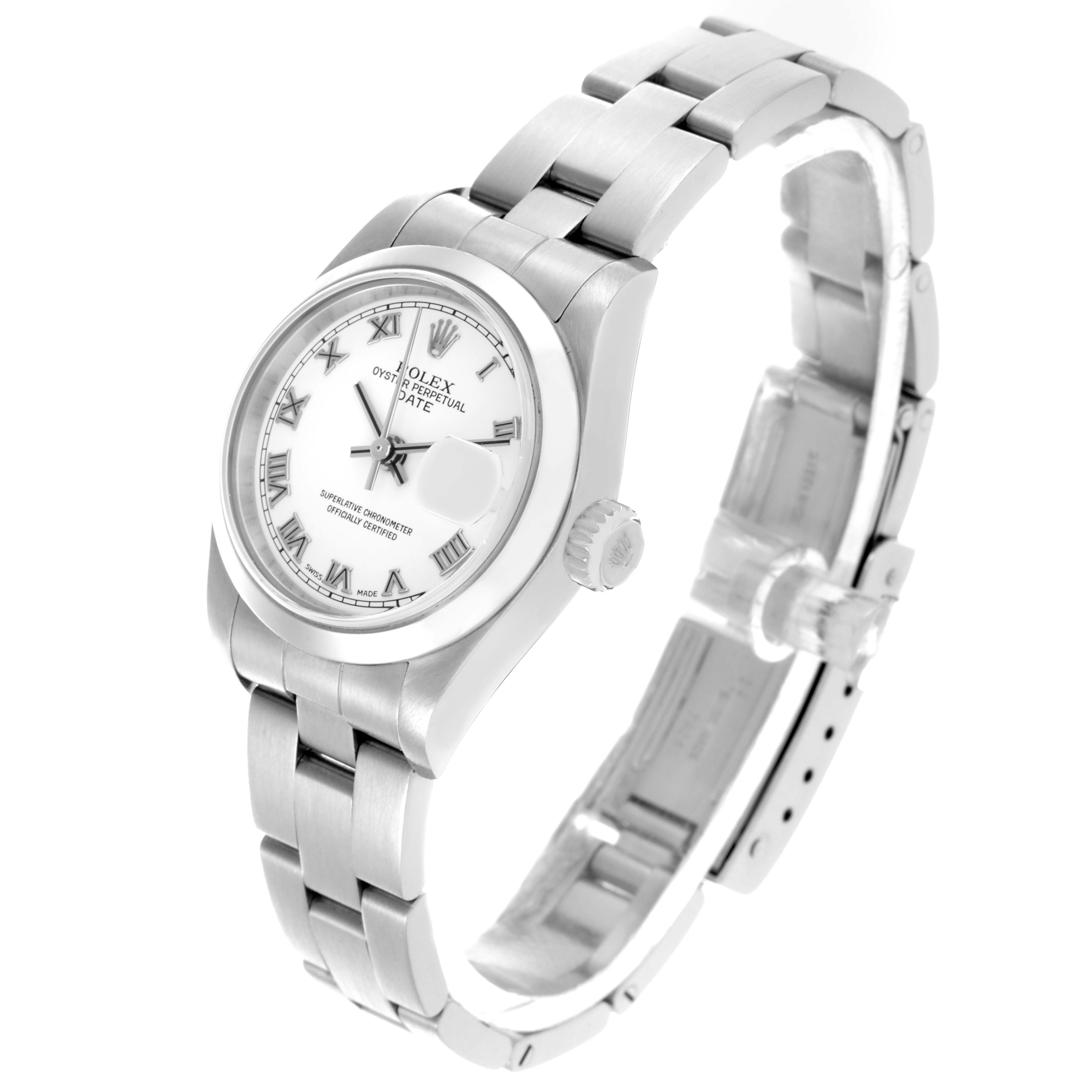 The Rolex Date 79160 Women's Stainless Steel White Dial 79160 Women's Stainless Steel White Dial watch is shown at a three-quarter angle, highlighting the face, bezel, crown, and bracelet.