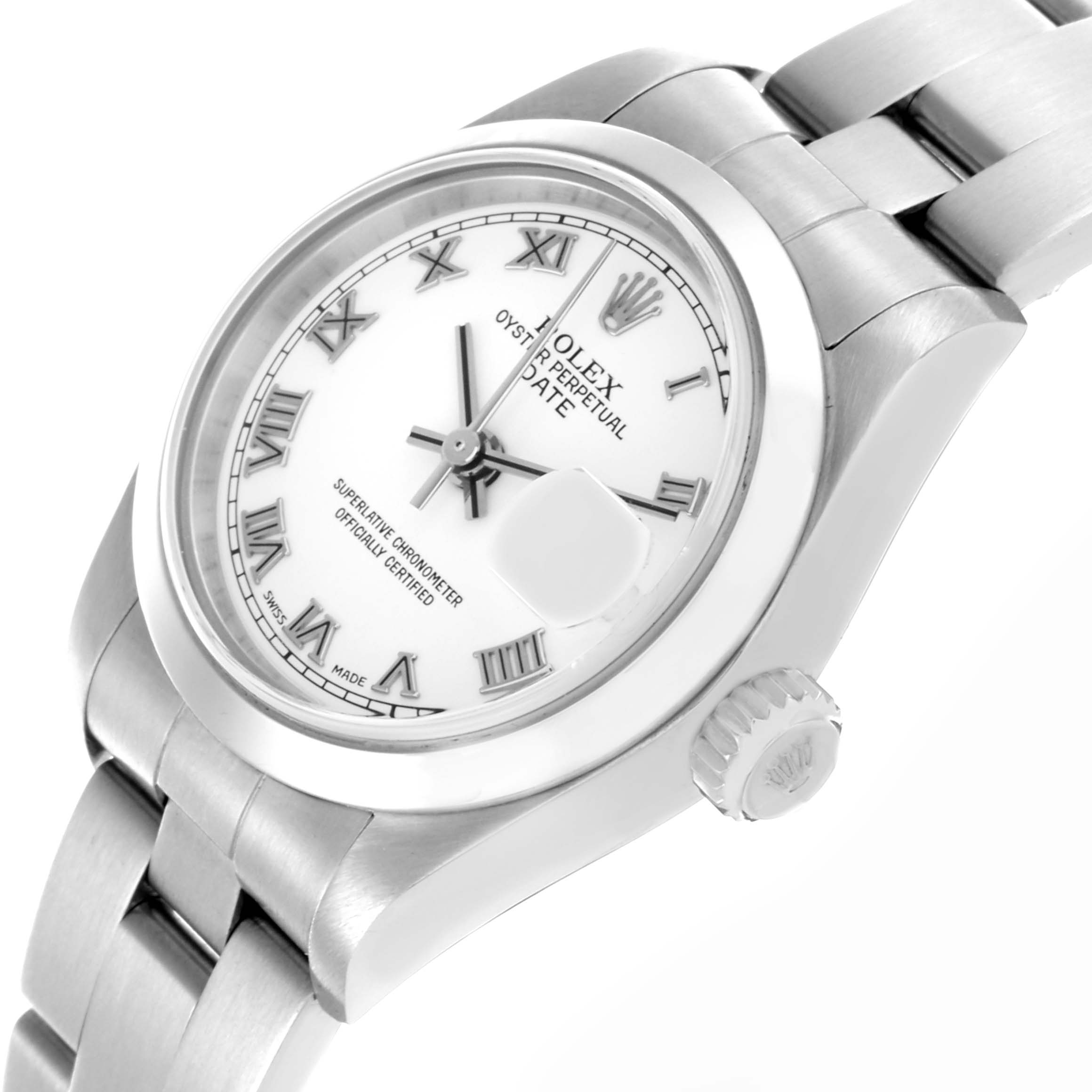 The Rolex Date 79160 Women's Stainless Steel White Dial 79160 Women's Stainless Steel White Dial watch is shown at a three-quarter angle, highlighting the dial, case, crown, and part of the bracelet.