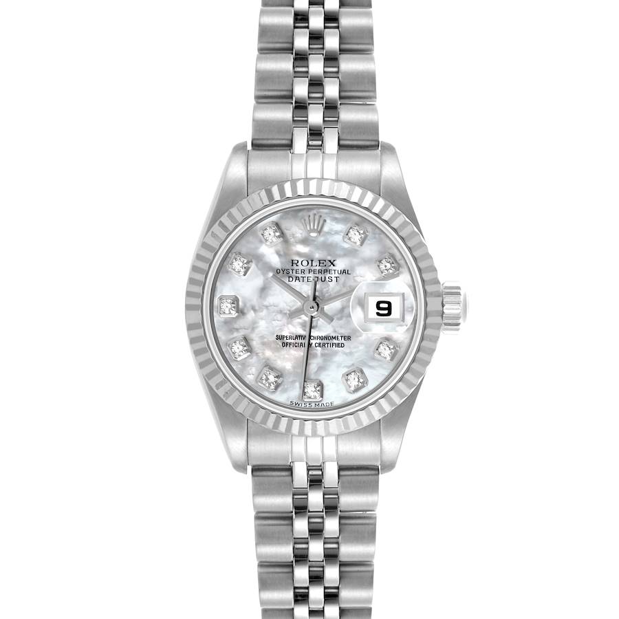 The Rolex Datejust watch is shown from the front, displaying the dial, bezel, and bracelet.