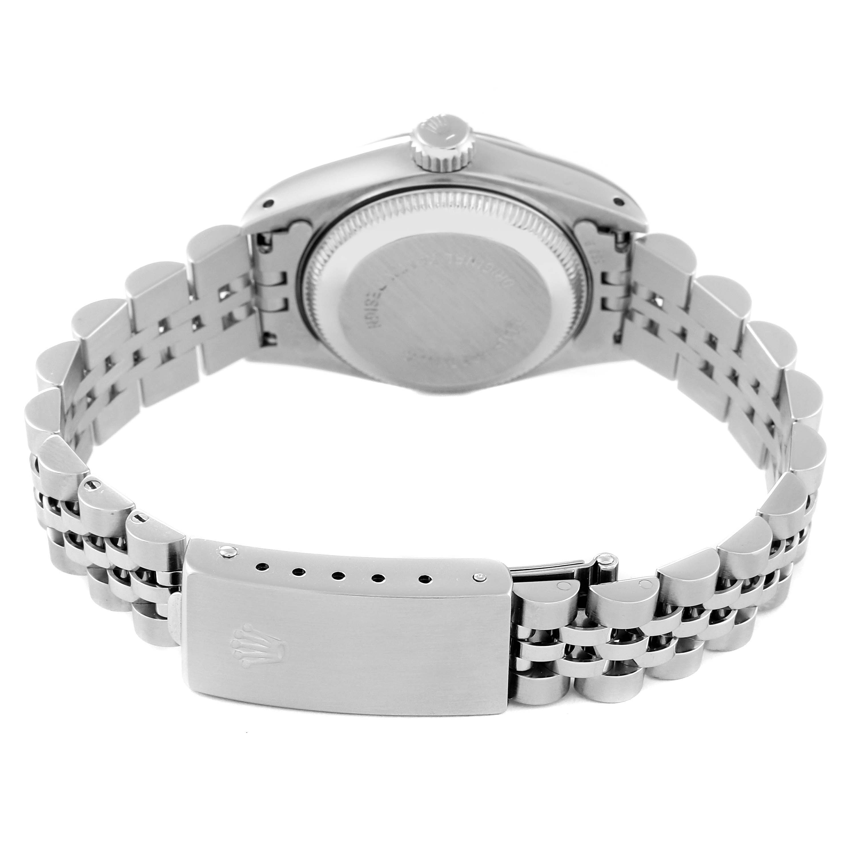 The image shows the back view of a Rolex Datejust 69174 Women's Stainless Steel White Dial 69174 Women's Stainless Steel White Dial watch, focusing on the clasp, bracelet, and rear casing.