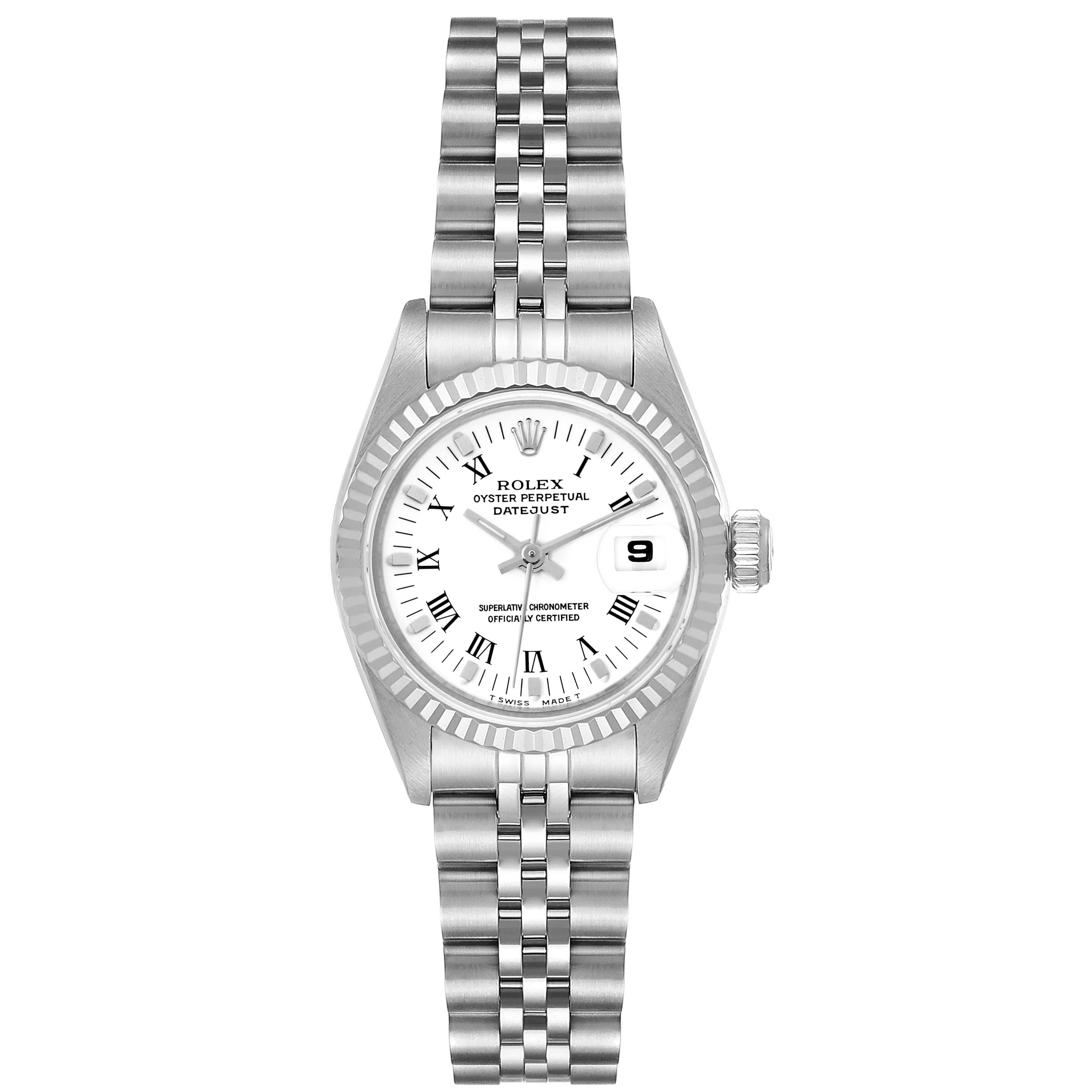 The Rolex Datejust 69174 Women's Stainless Steel White Dial 69174 Women's Stainless Steel White Dial watch is shown from a top-down angle, highlighting the face, bezel, and bracelet.