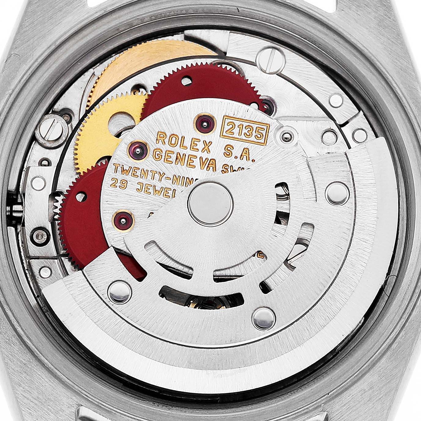 This image shows the internal mechanical movement of the Rolex Datejust 69174 Women's Stainless Steel White Dial 69174 Women's Stainless Steel White Dial watch from a close-up, back angle.