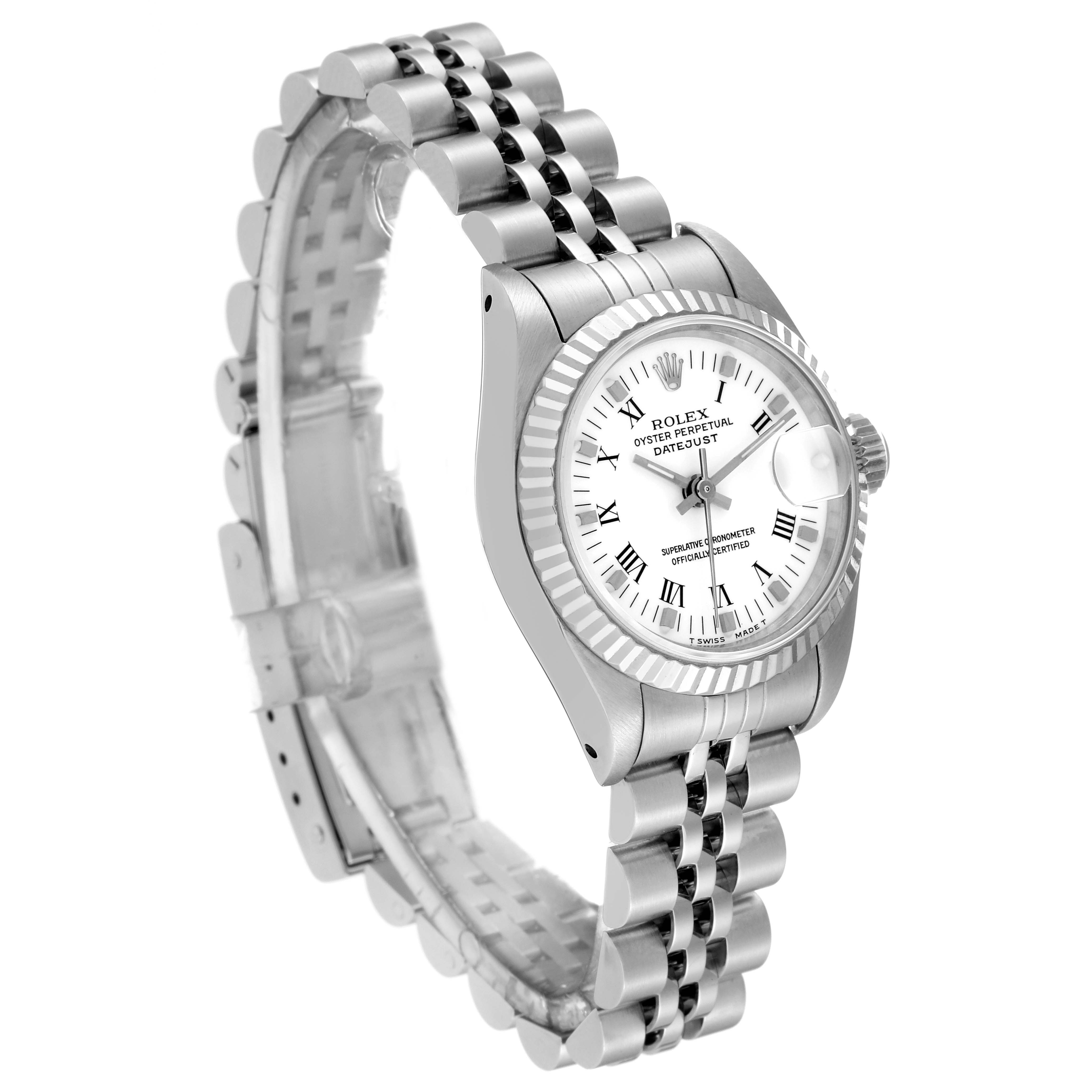 The Rolex Datejust 69174 Women's Stainless Steel White Dial 69174 Women's Stainless Steel White Dial watch is shown at an angled, elevated view, highlighting the face, bezel, and partial bracelet with clasp.