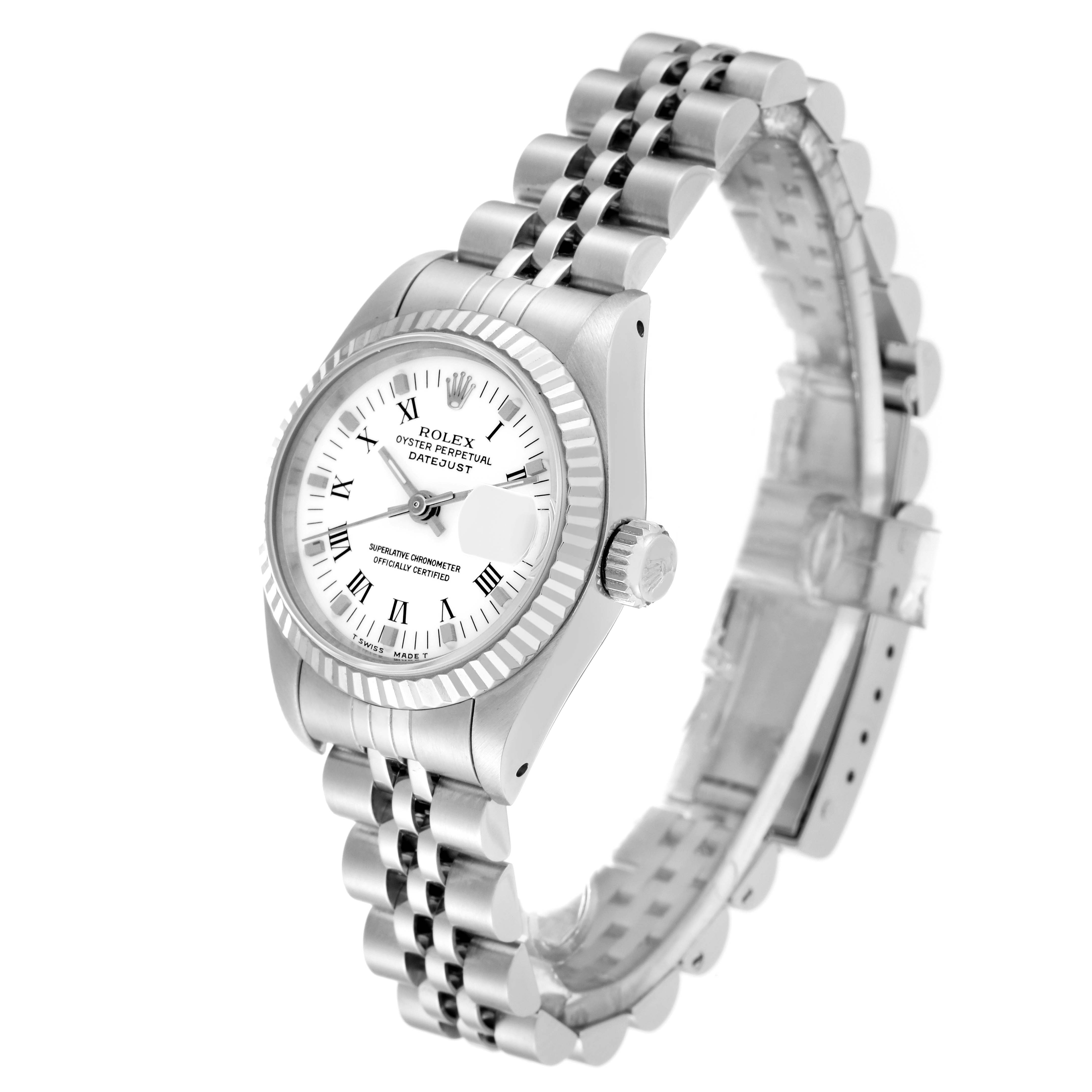 The image shows a Rolex Datejust 69174 Women's Stainless Steel White Dial 69174 Women's Stainless Steel White Dial watch at a three-quarter angle, highlighting its dial, case, and bracelet.