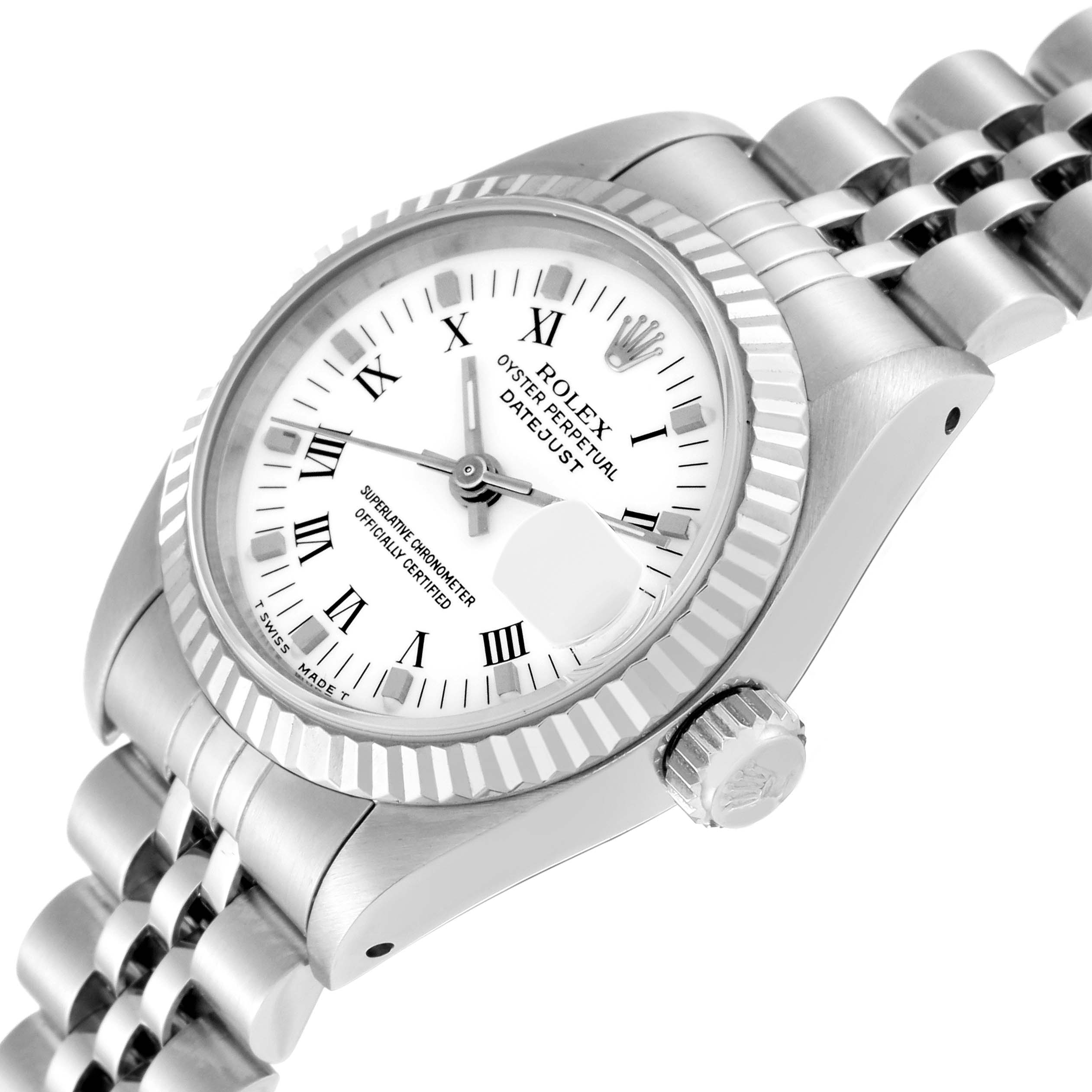 The image shows a Rolex Datejust 69174 Women's Stainless Steel White Dial 69174 Women's Stainless Steel White Dial watch at a slight angle, displaying its face, bezel, crown, and part of the jubilee bracelet.