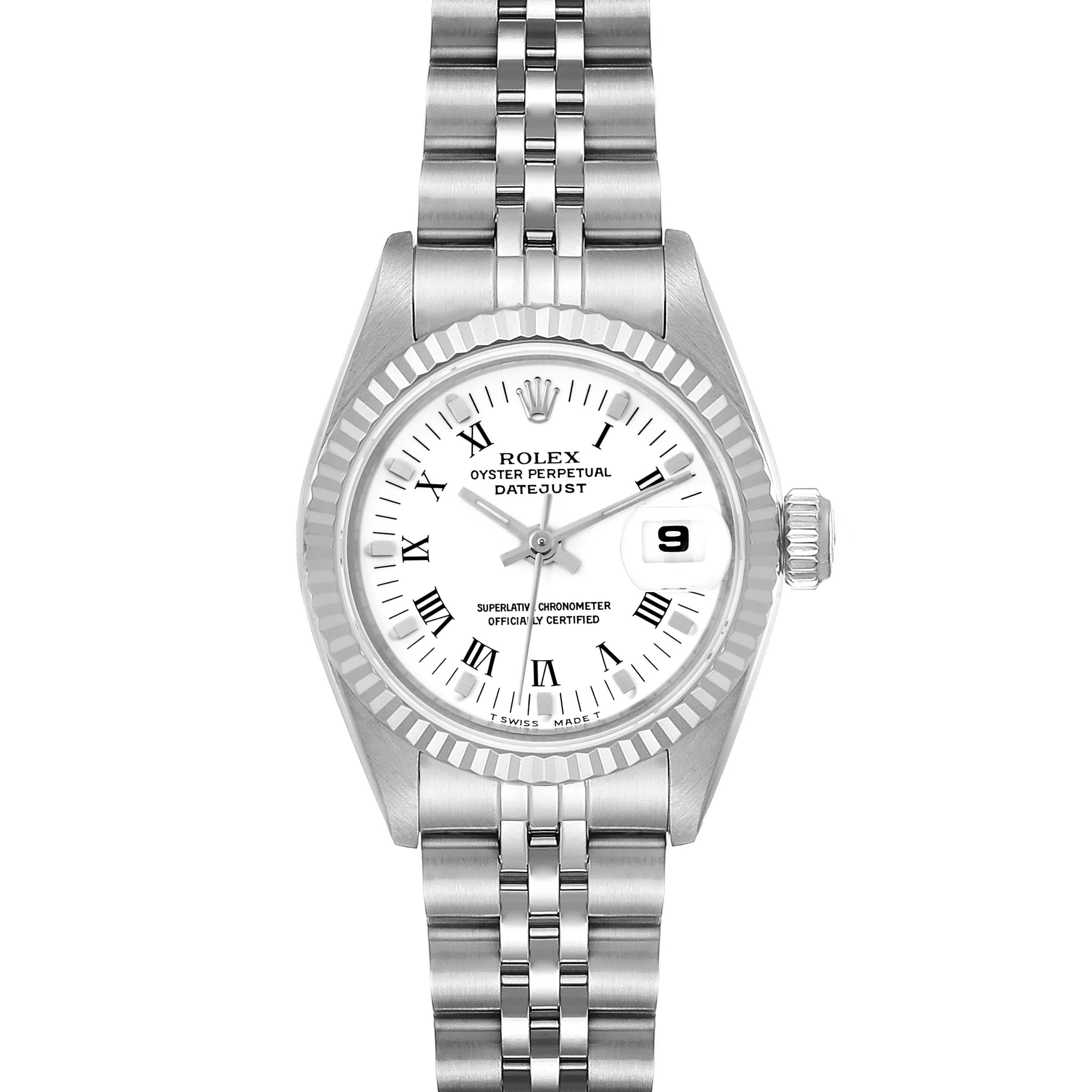 This Rolex Datejust 69174 Women's Stainless Steel White Dial 69174 Women's Stainless Steel White Dial watch is shown from a top-down angle, featuring its dial, bezel, and bracelet.