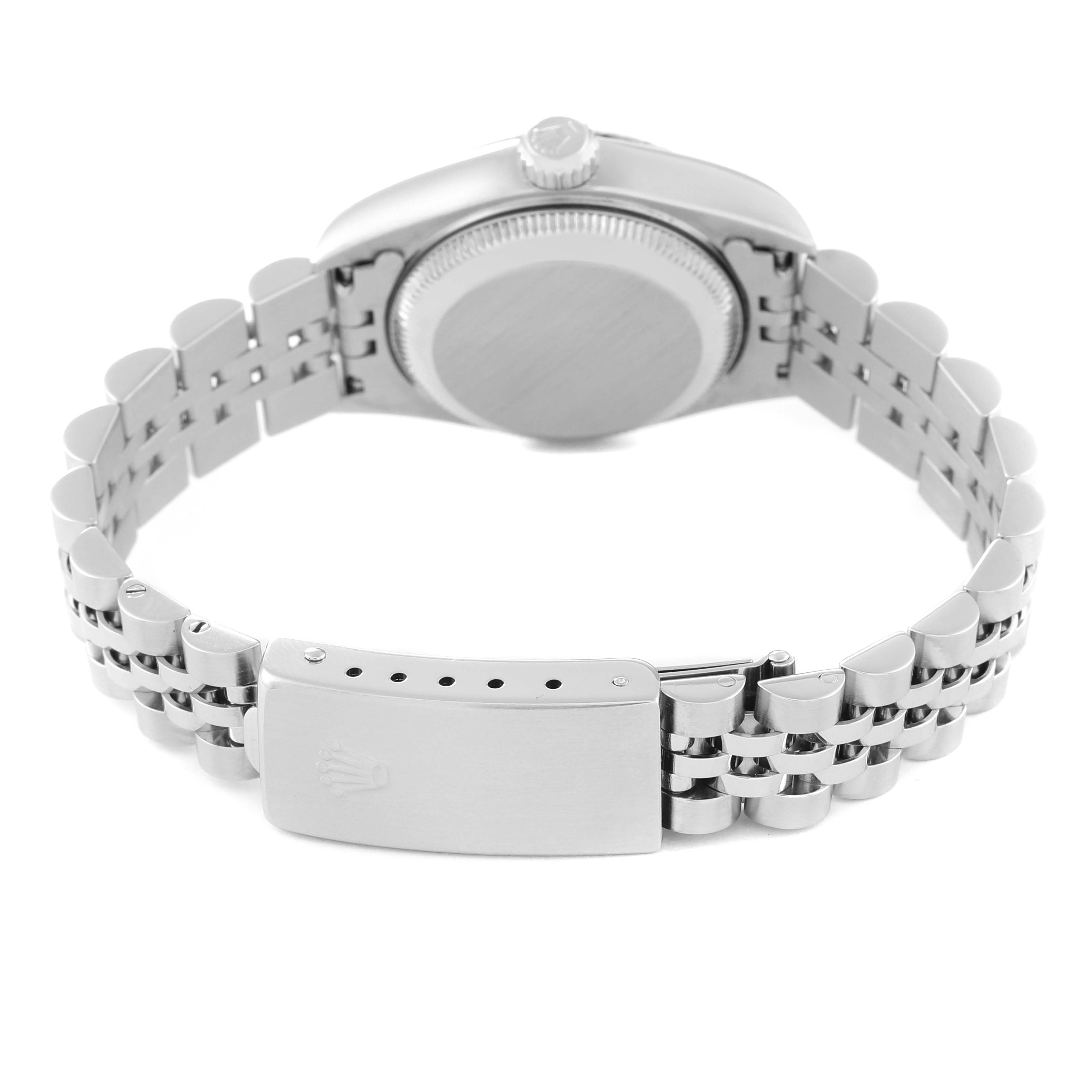 The image shows the rear view of a Rolex Datejust 79174 Women's Stainless Steel Silver Dial 79174 Women's Stainless Steel Silver Dial watch, focusing on its case back, bracelet, and clasp.