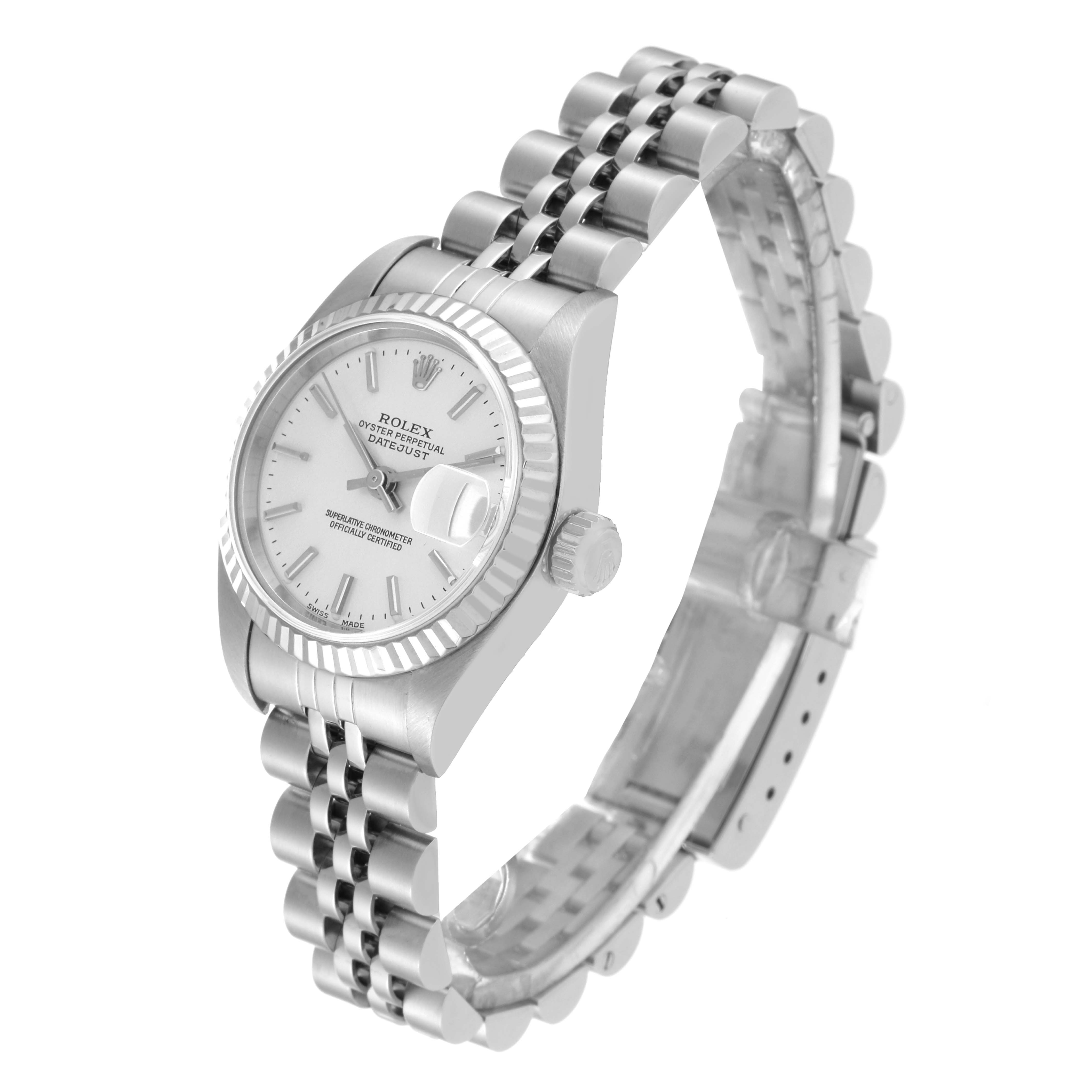 The Rolex Datejust 79174 Women's Stainless Steel Silver Dial 79174 Women's Stainless Steel Silver Dial watch is shown at a slight angle, displaying the face, bezel, crown, and part of the Jubilee bracelet.